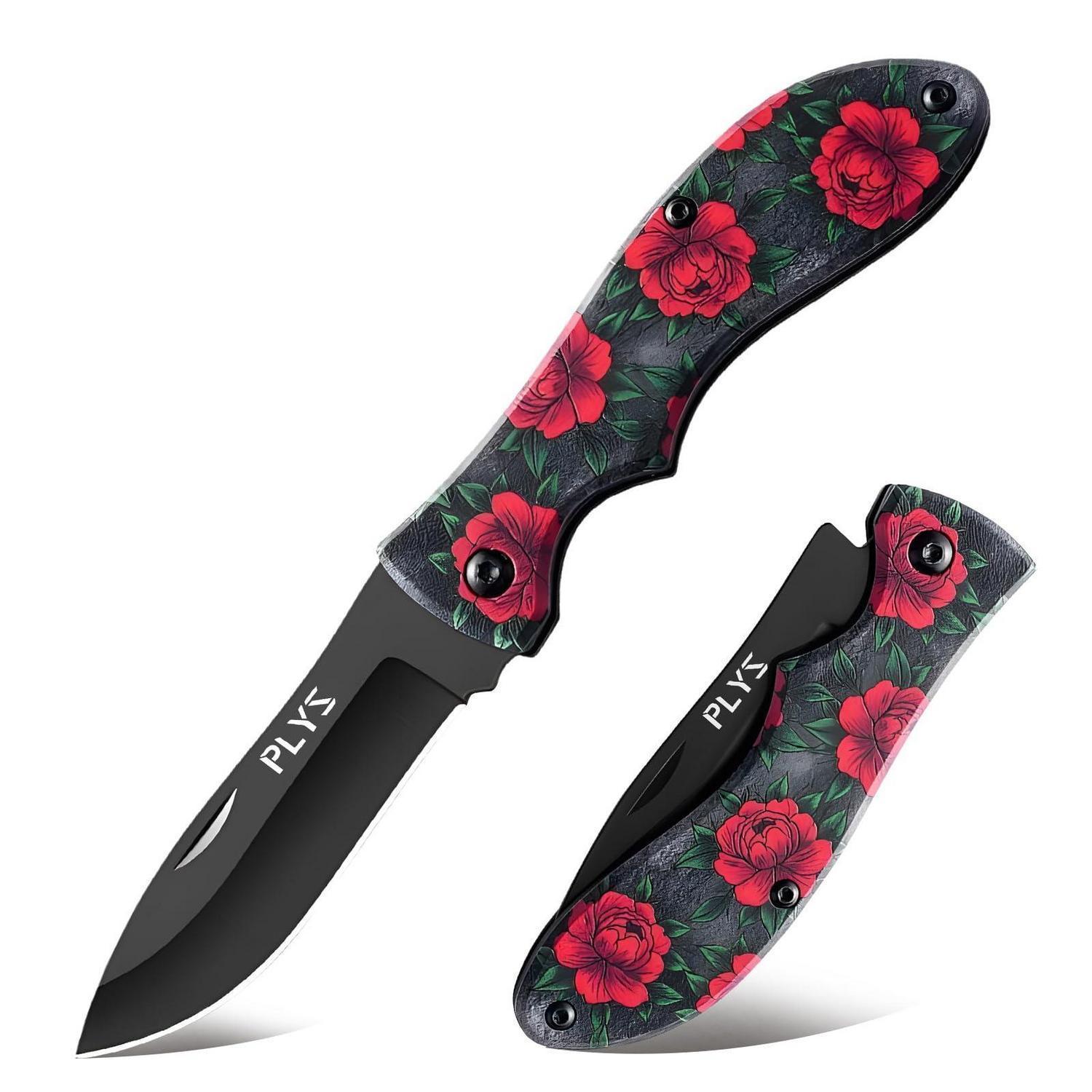 Taschenmesser Mit Rotem Blütenmuster, Klappmesser, Outdoor, Edelstahlklinge