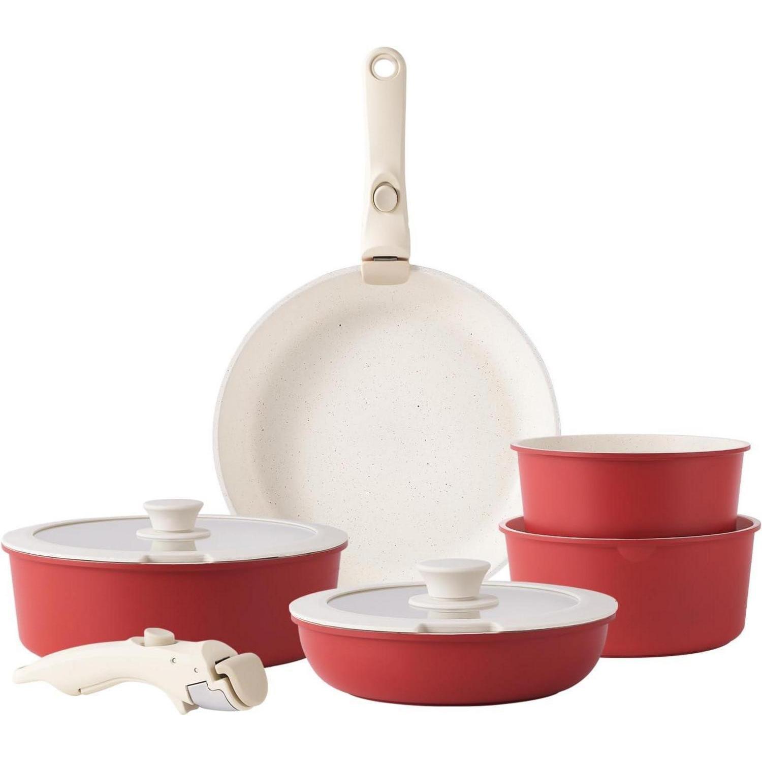 Induktionskochgeschirr-set Mit Abnehmbaren Griffen, Antihaft-granit, Stapelbar, 15 Teile, Rot