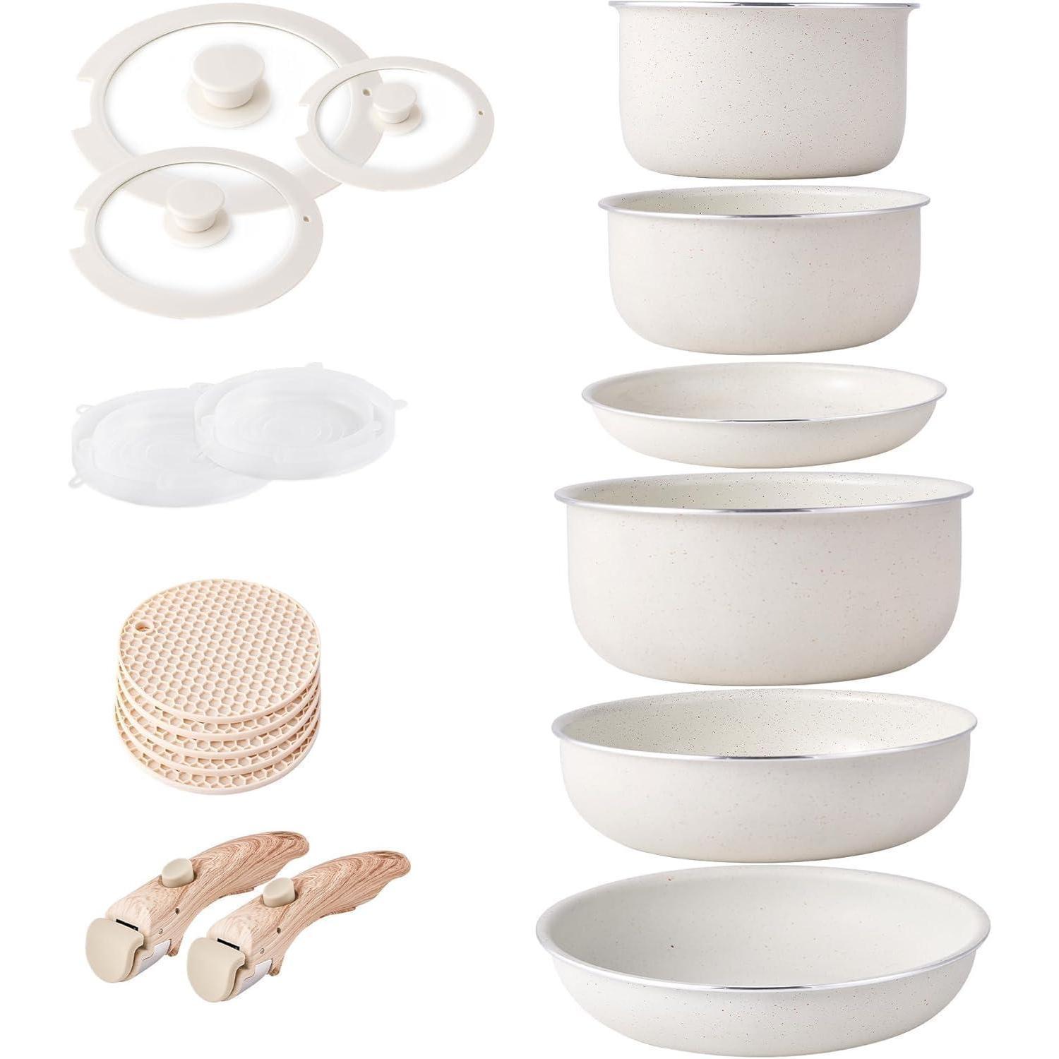 Topf- Und Pfannenset Mit Abnehmbaren Griffen, Induktion, Antihaft-granit, Stapelbar, Beige