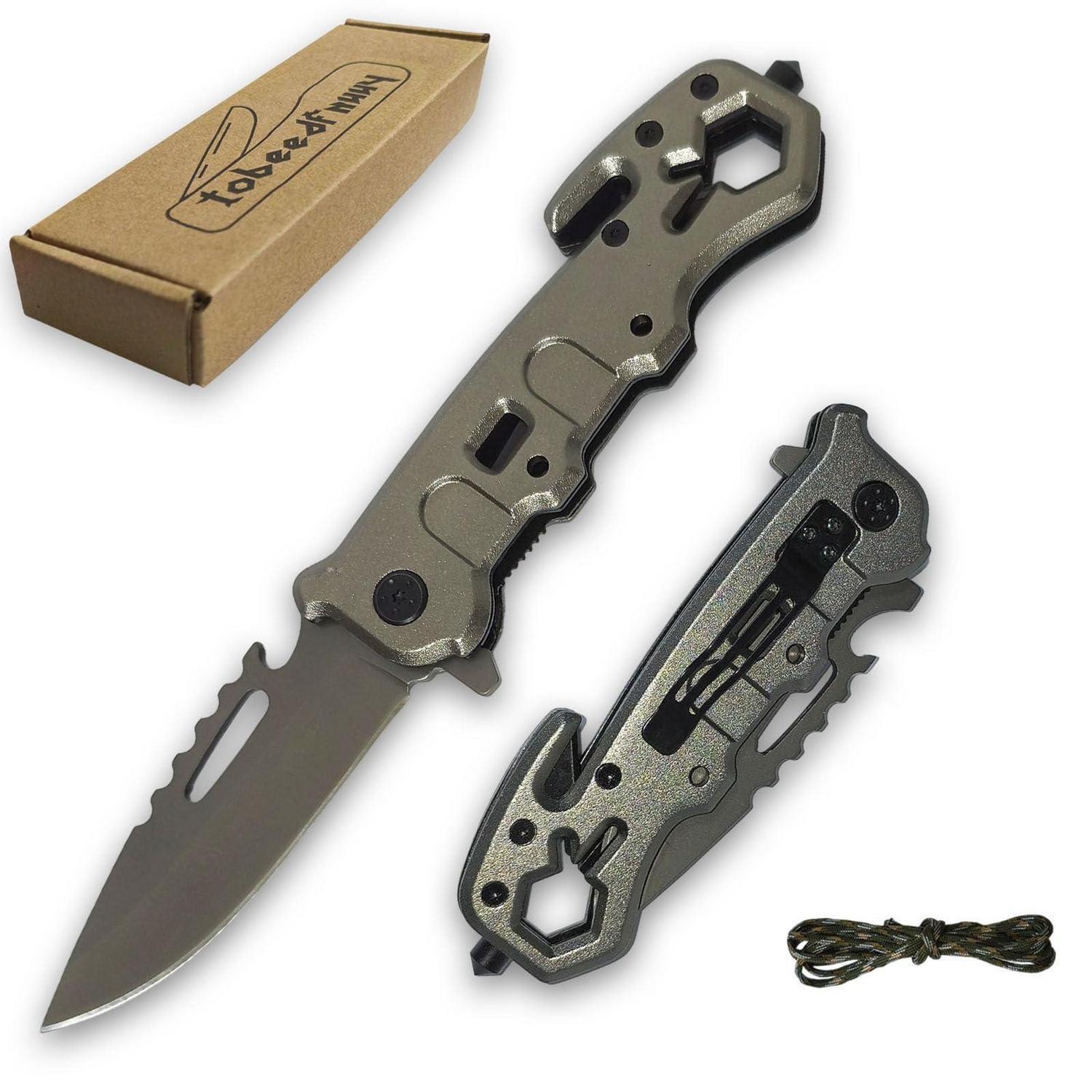 Klappmesser Outdoor Mit Glasbrecher, Flaschenöffner, Gurtschneider Und 1m Seil