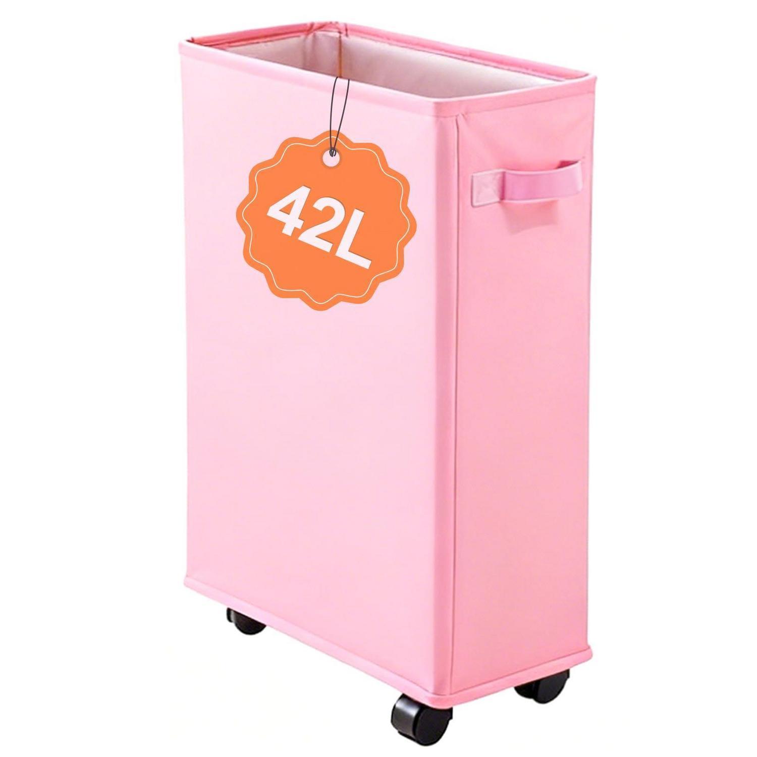 Schmaler Wäschekorb 42l Mit Rollen & Bremse, Faltbar, 600d Oxford, Rosa