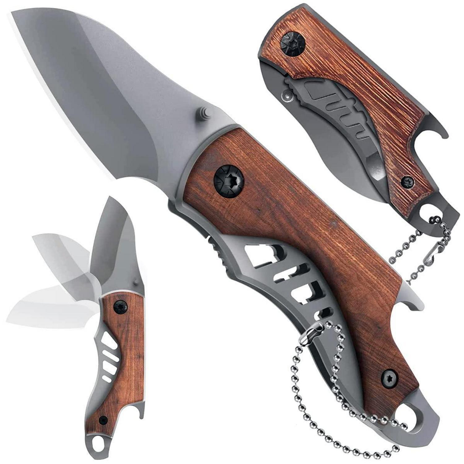Taschenmesser Klappmesser Holzgriff Mit Flaschenöffner & Glasbrecher Für Outdoor Camping