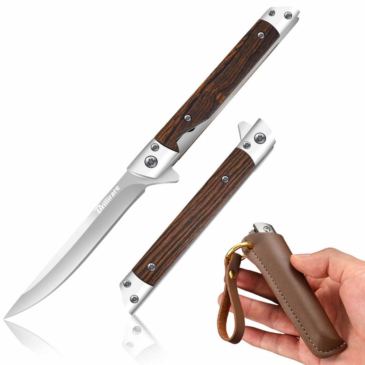 Faltbares Taschenmesser Mit Olivenholzgriff, Ledertasche & Glasbrecher