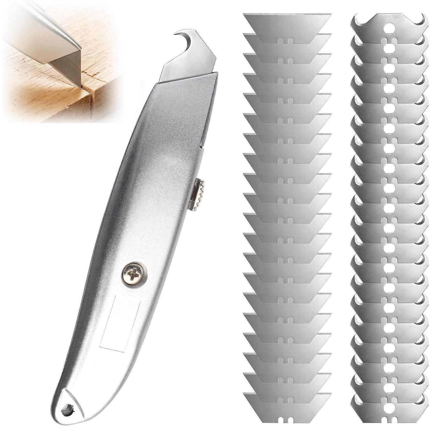 Teppichmesser Set Mit 20 Trapez- & 20 Hakenklingen, Aluminium, Selbstverriegelung