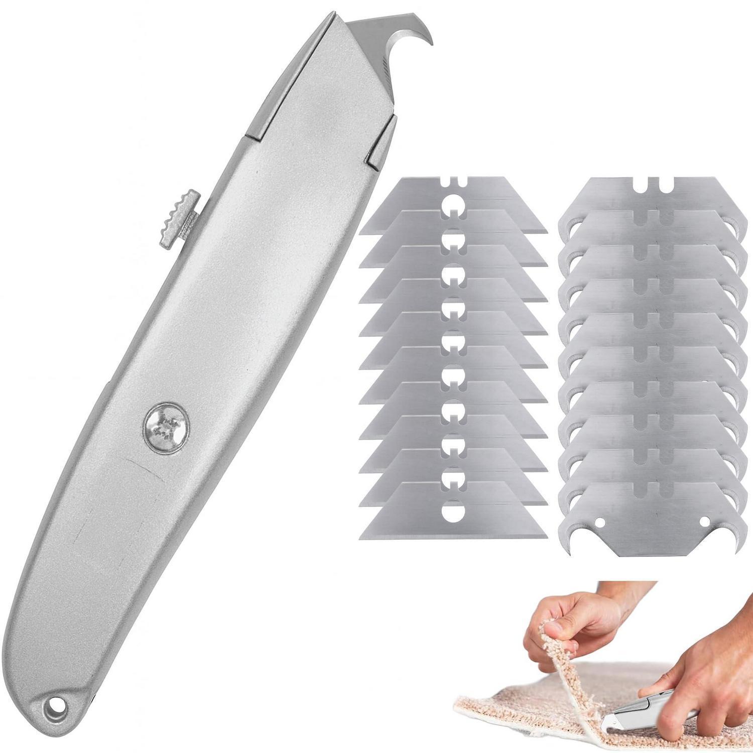 Teppichmesser Hakenmesser Set Mit 20 Klingen, Aluminiumgehäuse, Selbstverriegelung