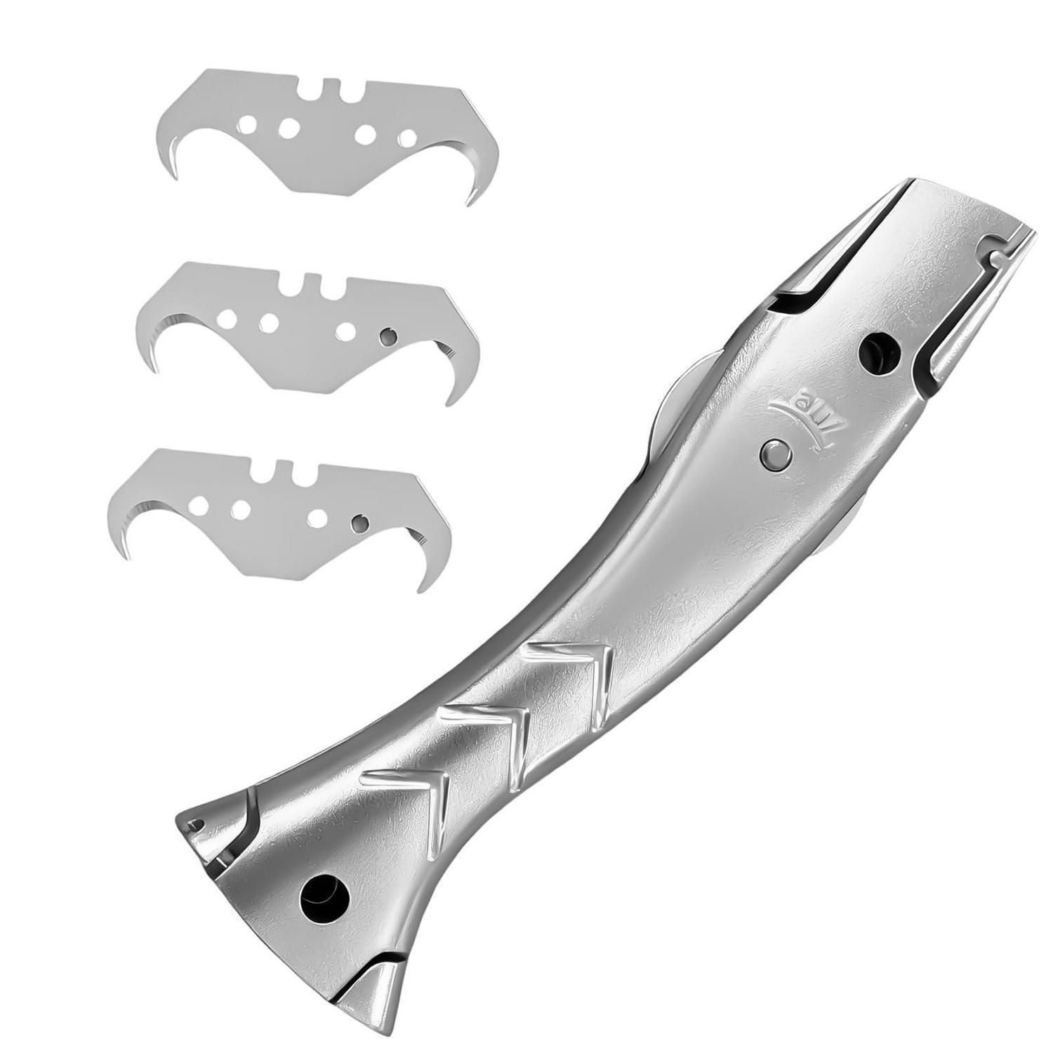 Teppichmesser Mit Hakenklinge, Aluminium, 3 Ersatzklingen, Silber