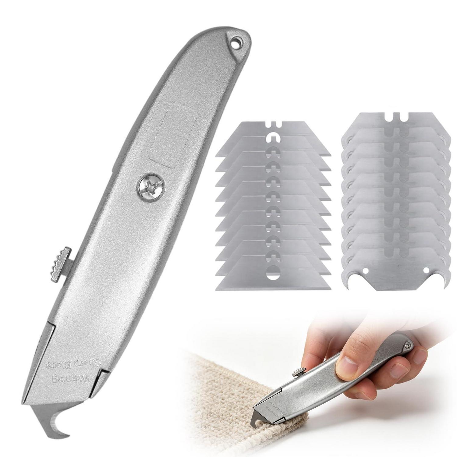 Teppichmesser Mit Hakenklinge, Selbstverriegelung, 20 Klingen (10 Trapez, 10 Haken)