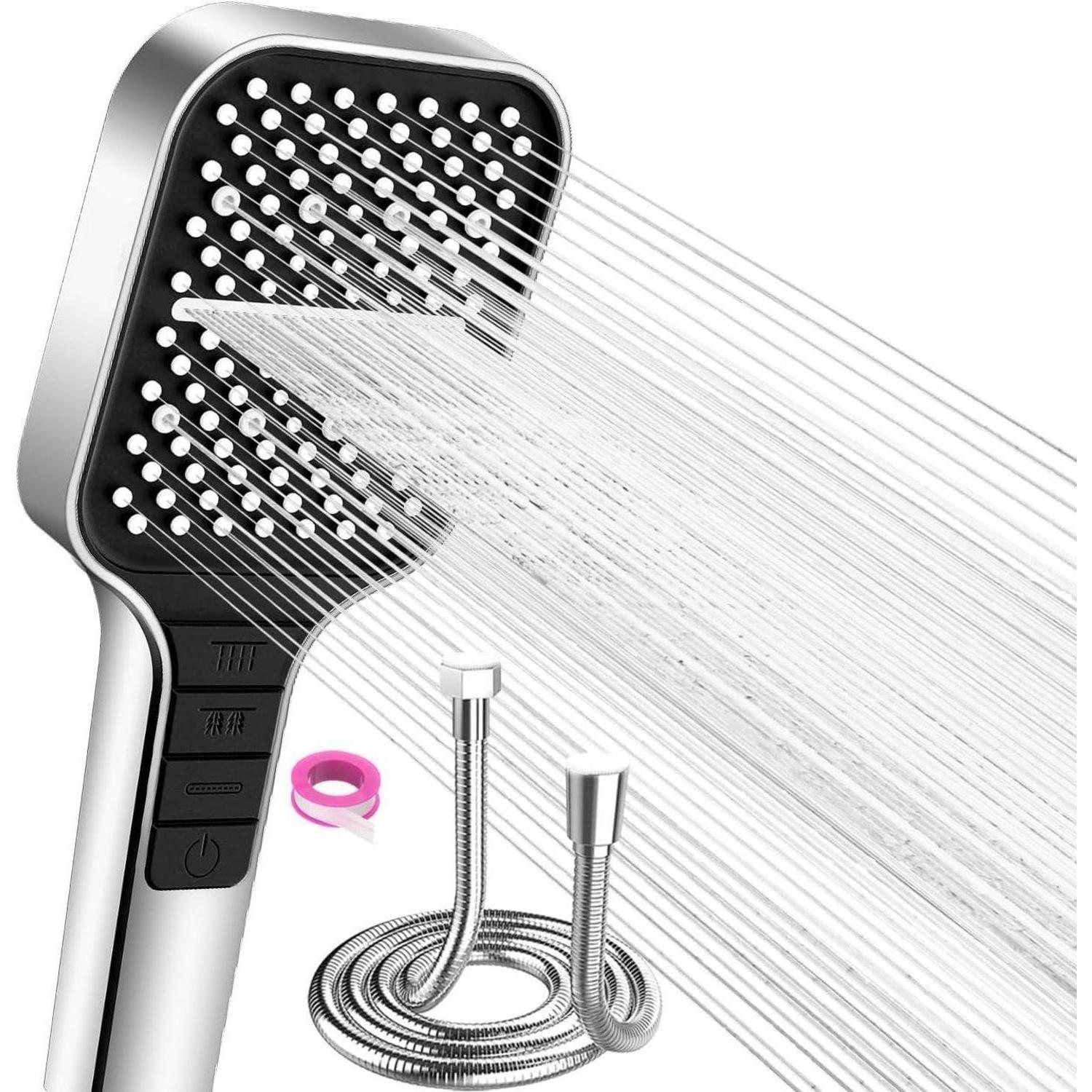 Duschkopf Mit 7 Strahlarten Und 1.5m Schlauch, Wassersparend, Regendusche Mit Stopptaste, Silber