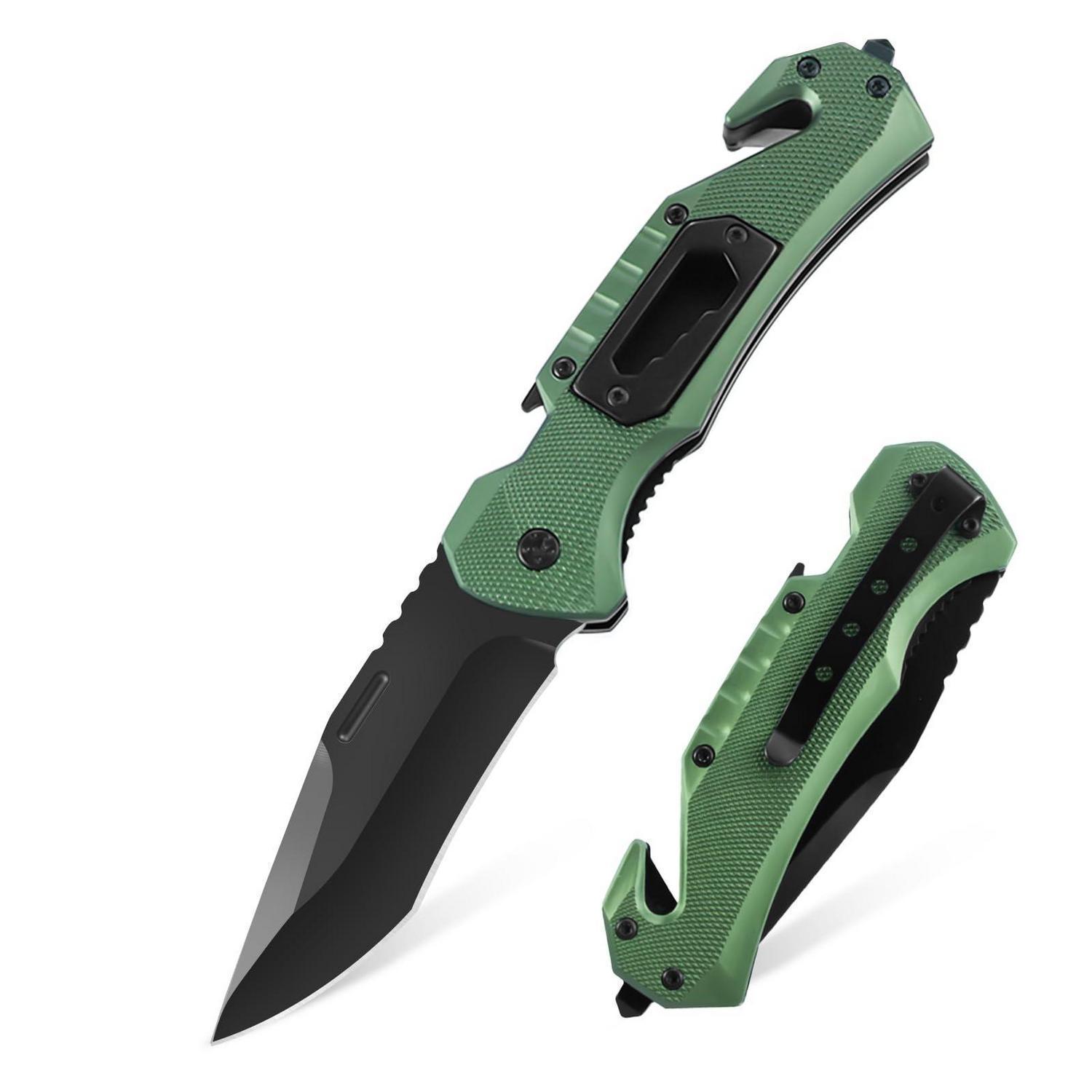 Klappmesser Mit Glasbrecher Und Gurtschneider, 5-in-1 Edc Messer Grün