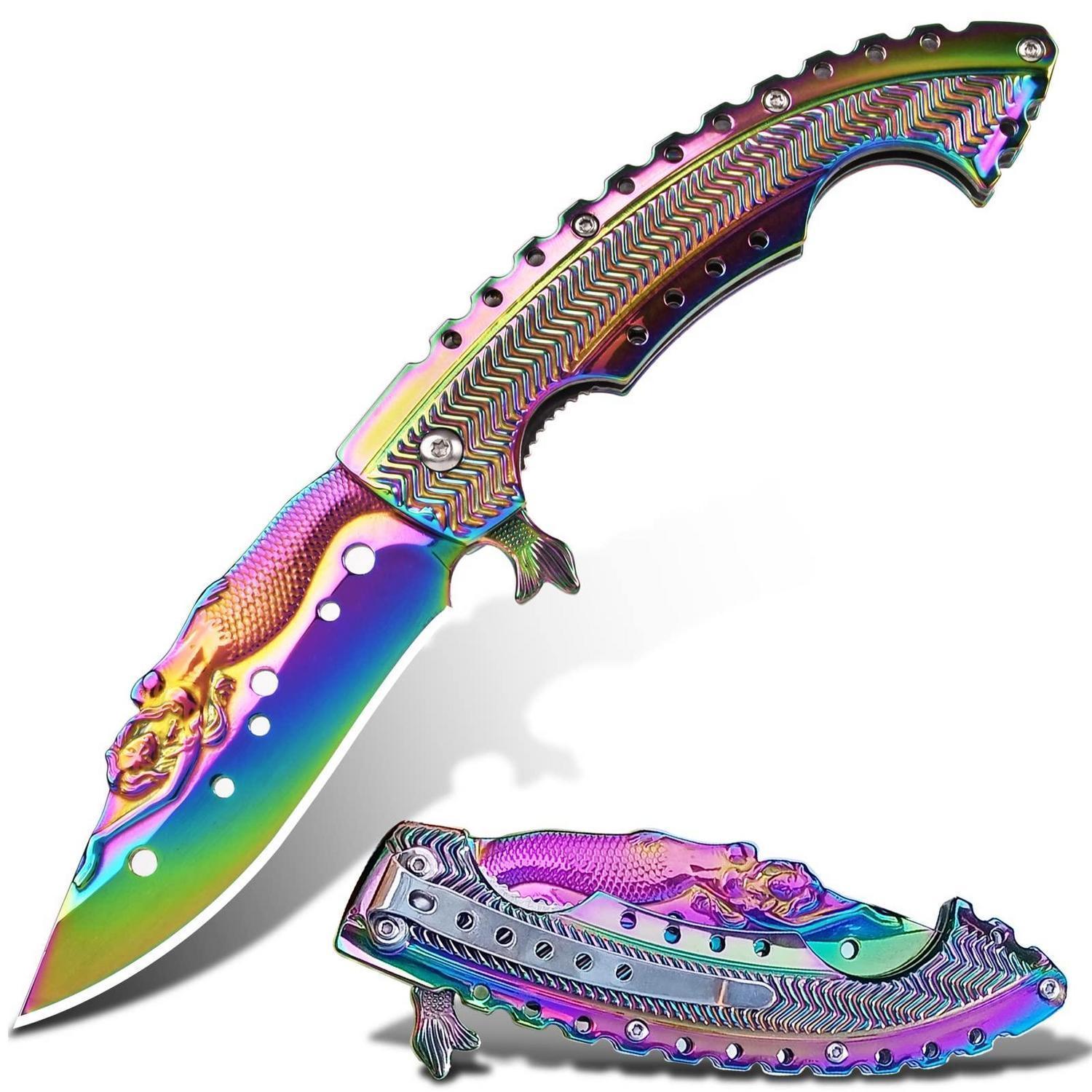Klappmesser Mit 3d Meerjungfrau Prägung, Titanbeschichtet, Regenbogenfarben
