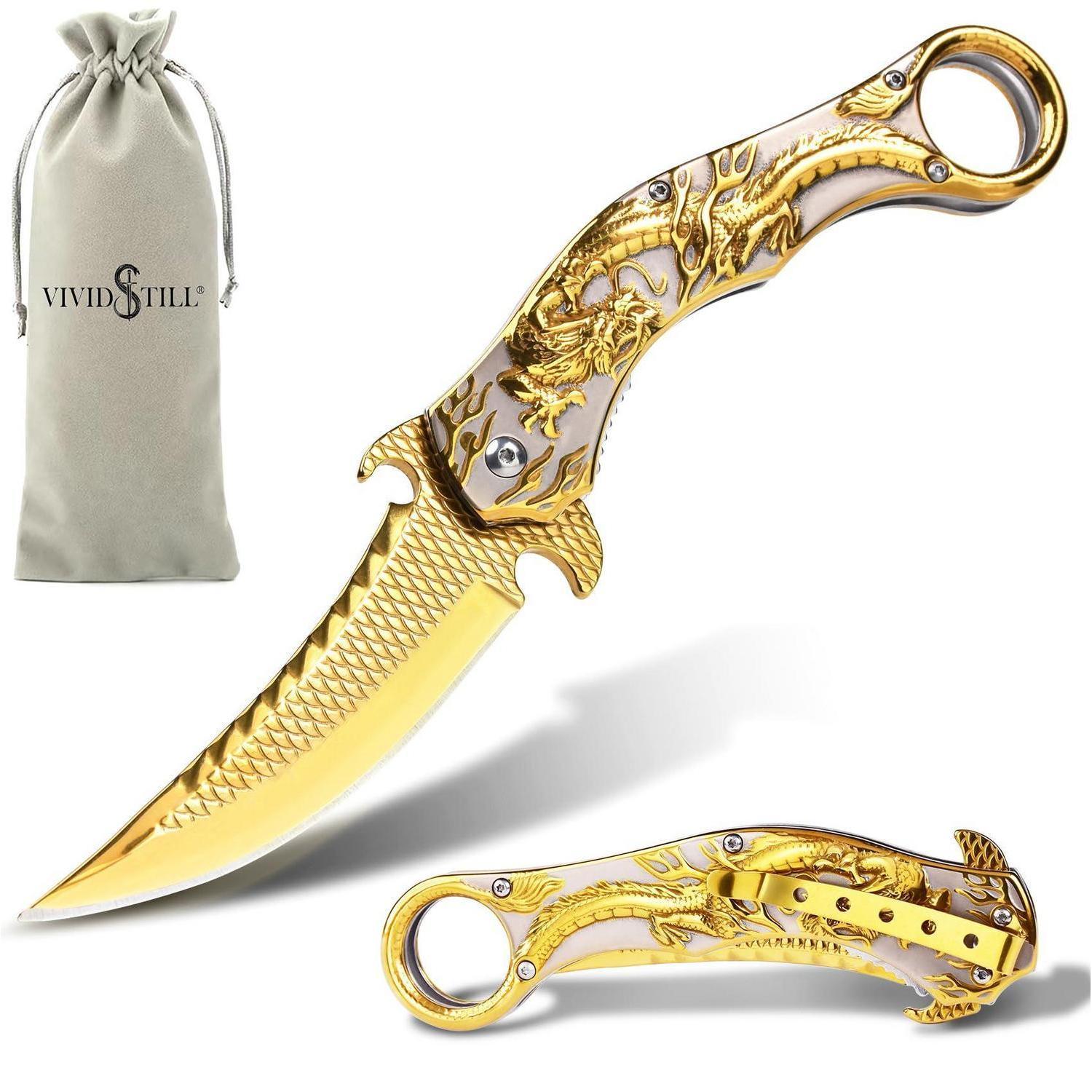 Klappmesser Mit 3d Drachen-prägung, Gold, Titan-beschichtet, Edc-messer Für Outdoor