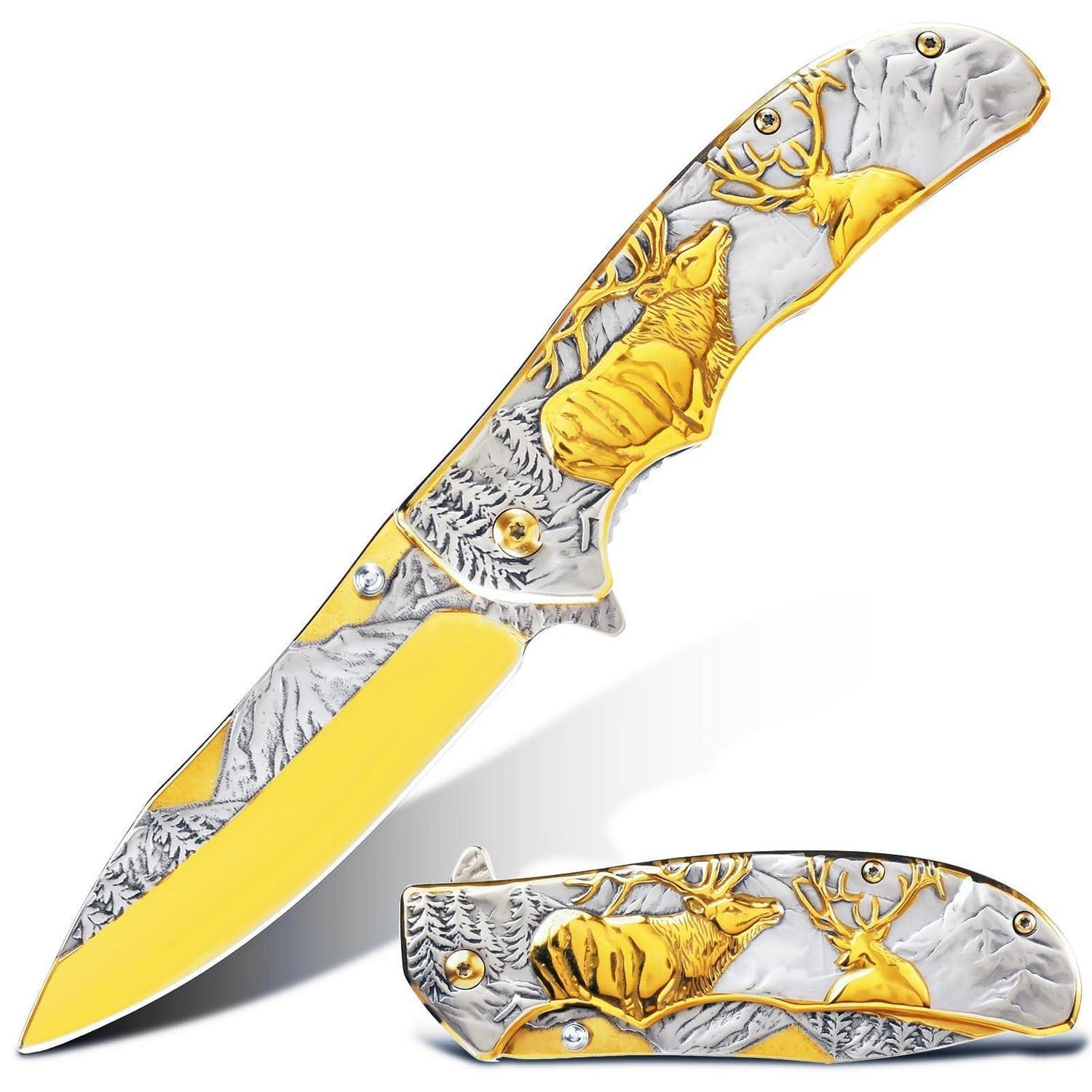 Klappmesser Mit 3d Hirsch-prägung, 440 Stahlklinge, Geschenk Für Männer