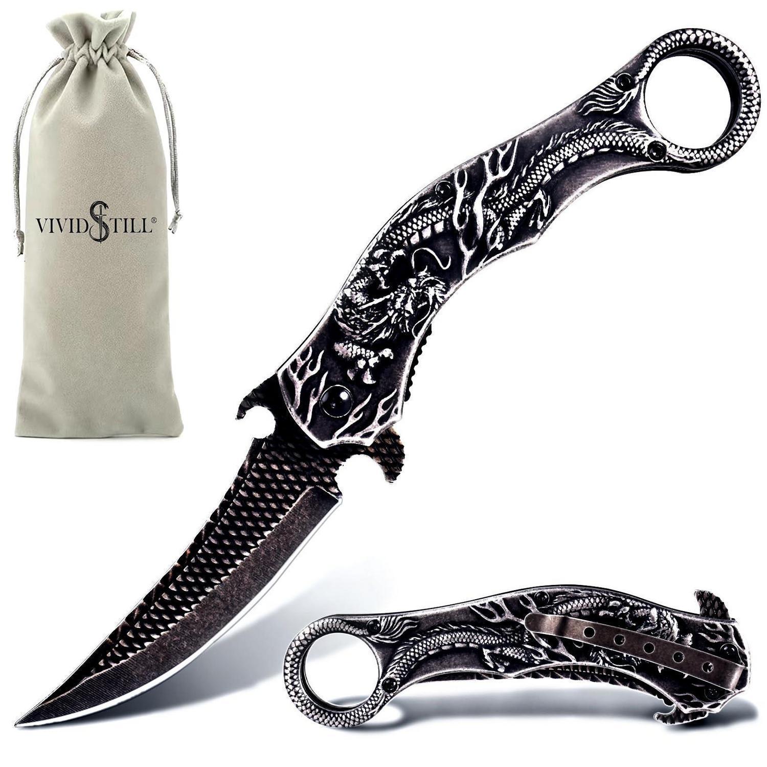 Klappmesser Mit 3d Drachenprägung, Titan-klinge, Geschenk Für Männer