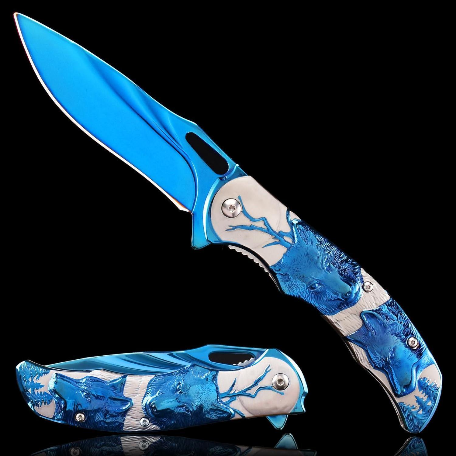 Klappmesser Mit 3d Wolf Prägung, Blau, Edelstahlgriff, 440 Klinge