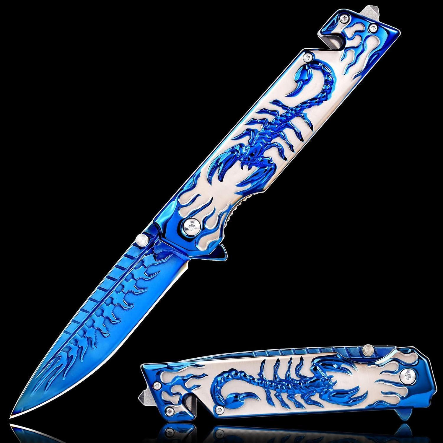 Klappmesser Mit 3d Skorpion Gravur, Blau, Edelstahl, Für Outdoor & Edc
