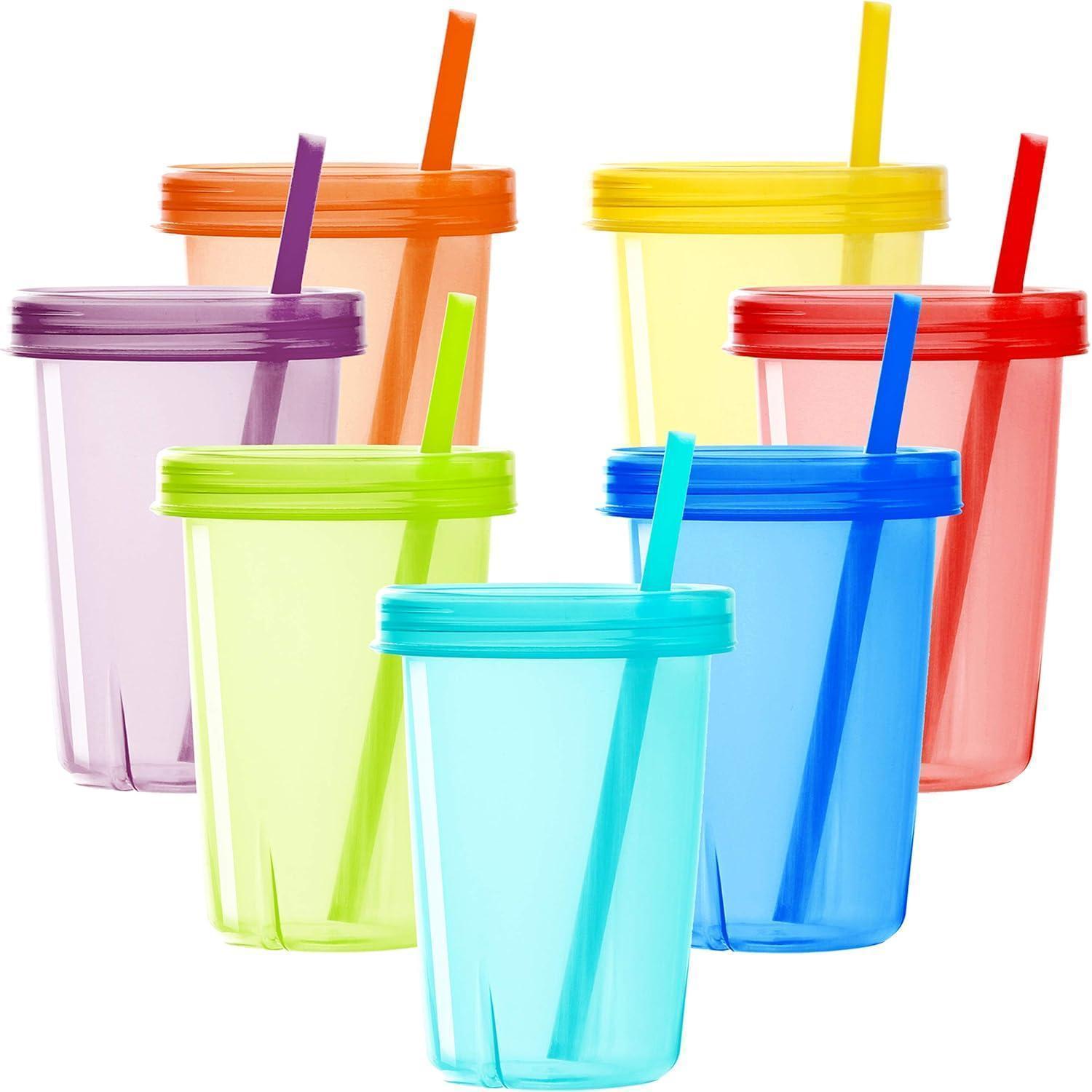 Kinderbecher 7er Set Mit Deckel & Strohhalm, 330ml, Bpa-frei, Bruchfest