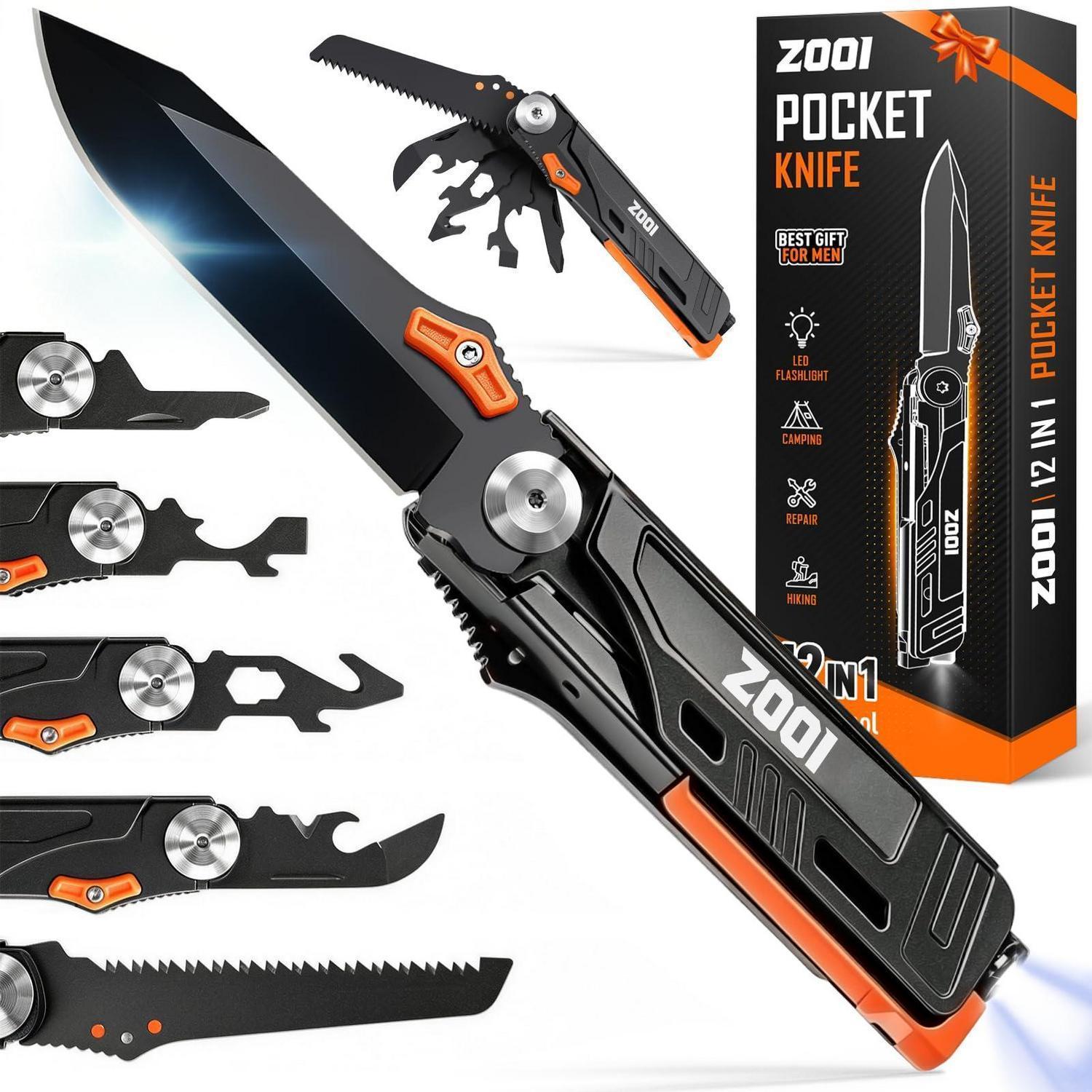 12-in-1 Multitool Taschenmesser Mit Led Licht, Edelstahl, Orange