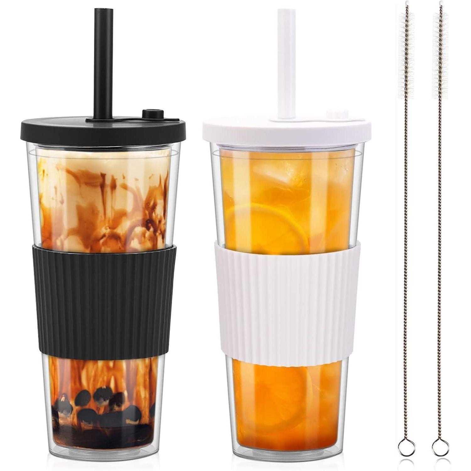 Bubble Tea Becher 2er Set 730ml Doppelwandig Mit Deckel Und Strohhalm, Isoliert