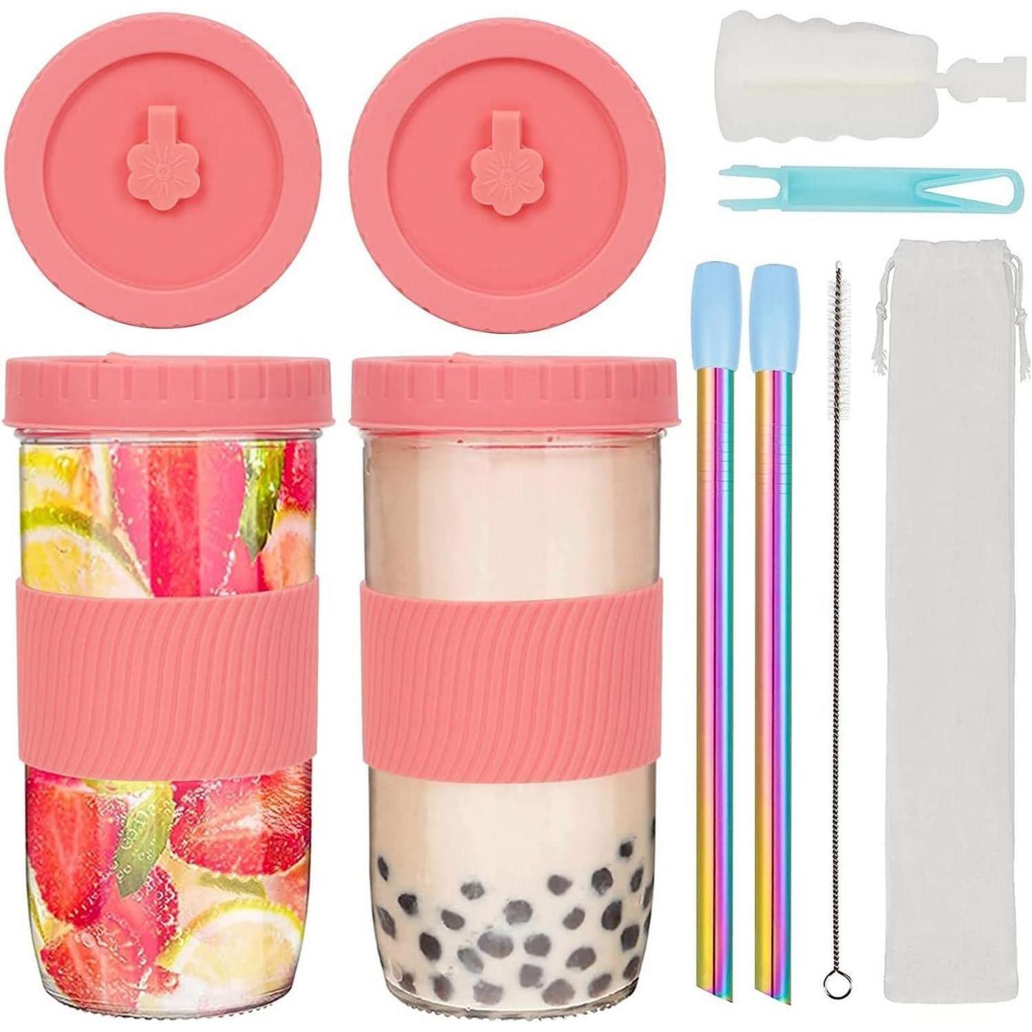 Bubble Tea Becher 2er Set 730ml Glas Mit Deckel & Edelstahlstrohhalm Rosa