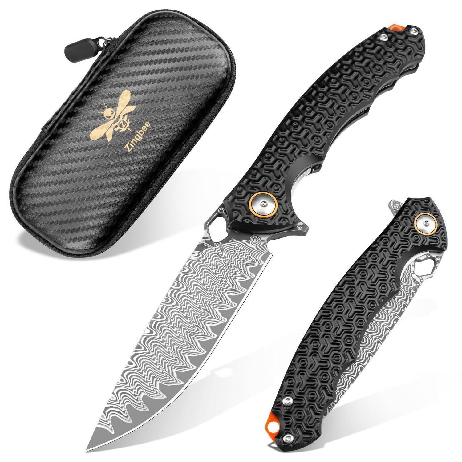 Damast Taschenmesser Vg10 Mit Aluminiumgriff, Einhand Klappmesser Für Outdoor & Edc
