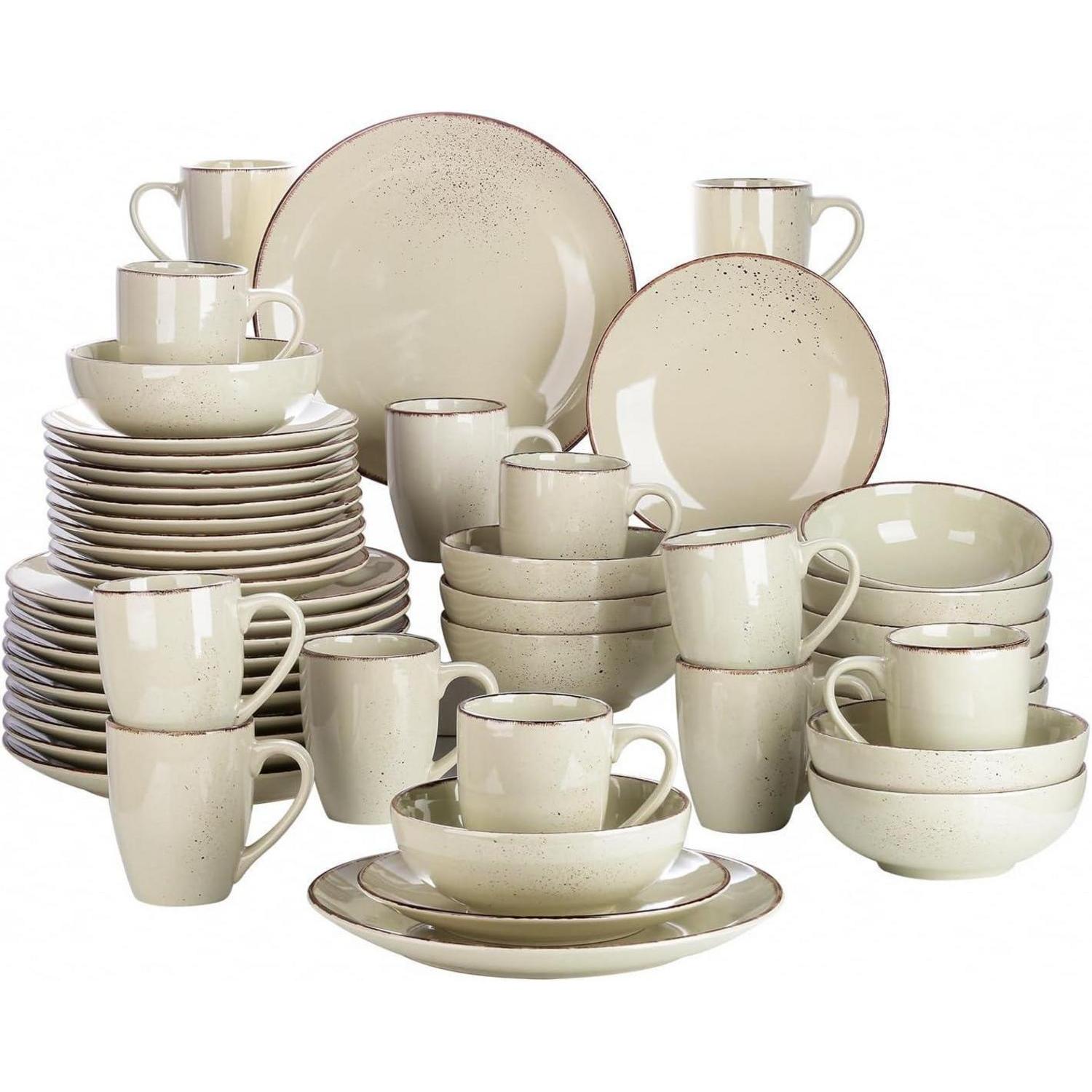 Tafelservice Set Für 12 Personen, Steingut Kombiservice 48-teilig, Vintage Natur Design, Beige