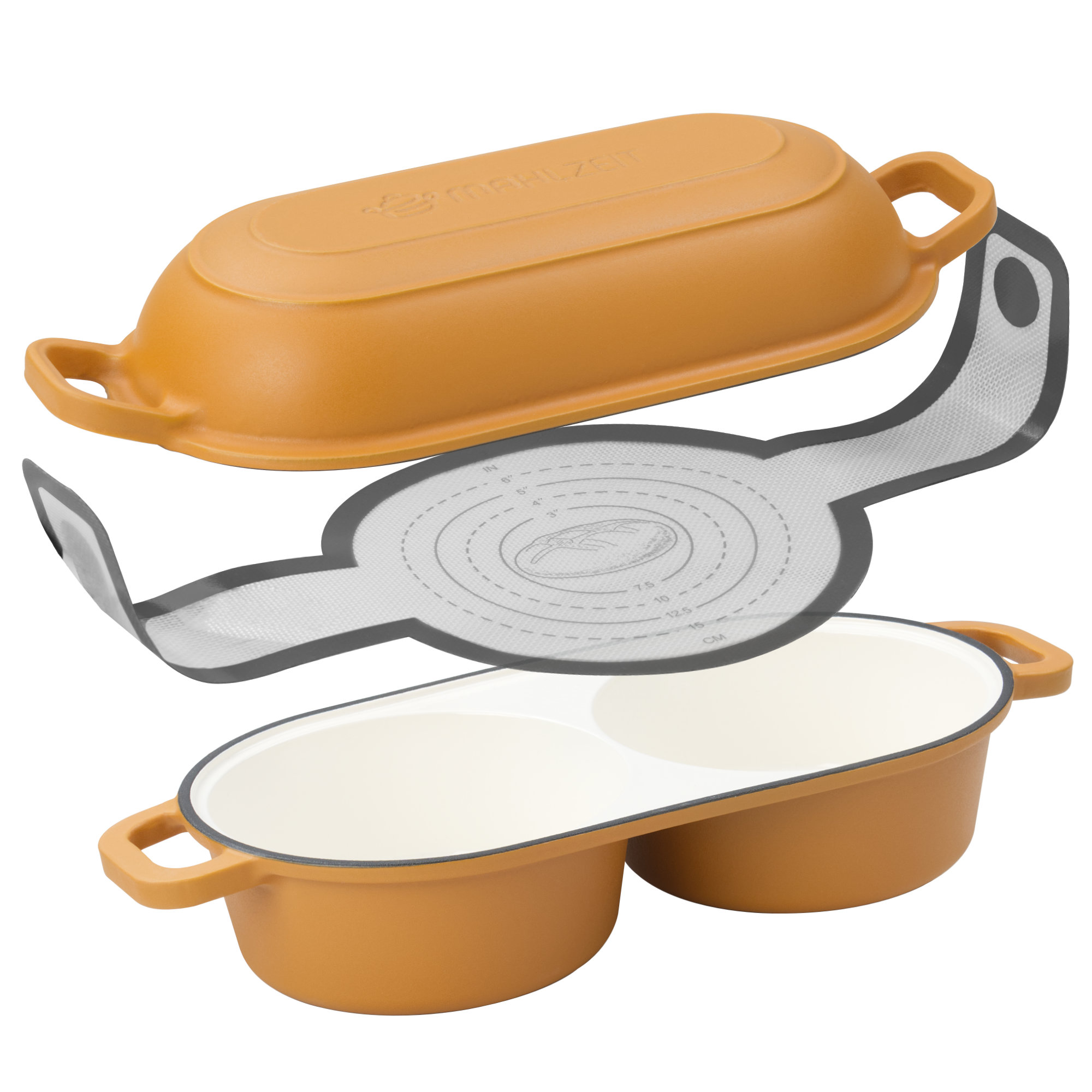 Mahlzeit Gusseisen Brotbacktopf Set Emailliert, 5 Liter, 2 Backkammern, Mit Brotschlinge, Sunny Orange