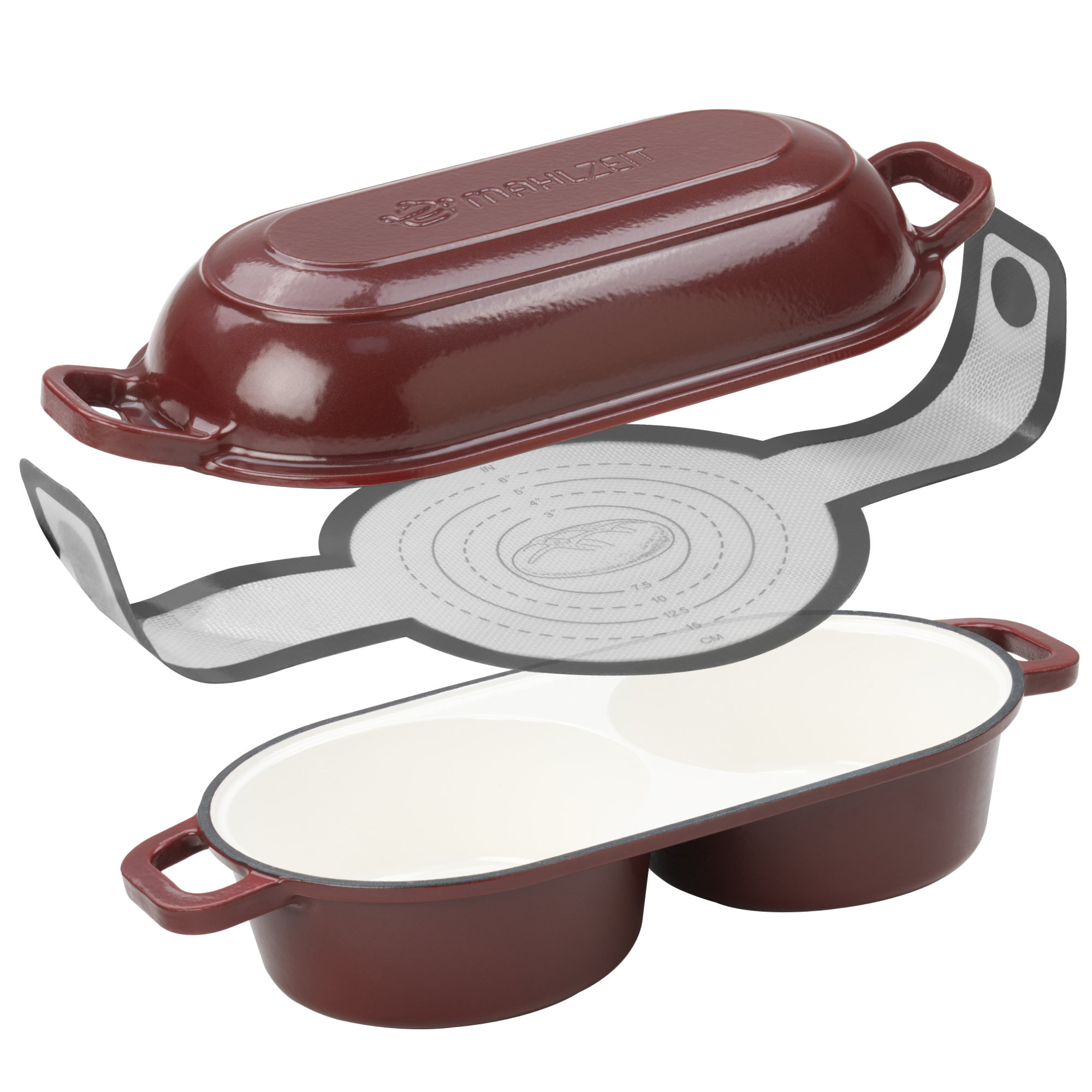 Mahlzeit Gusseisen Brotbacktopf Set Emailliert, 5 Liter, 2 Backkammern, Mit Brotschlinge, Dark Cherry