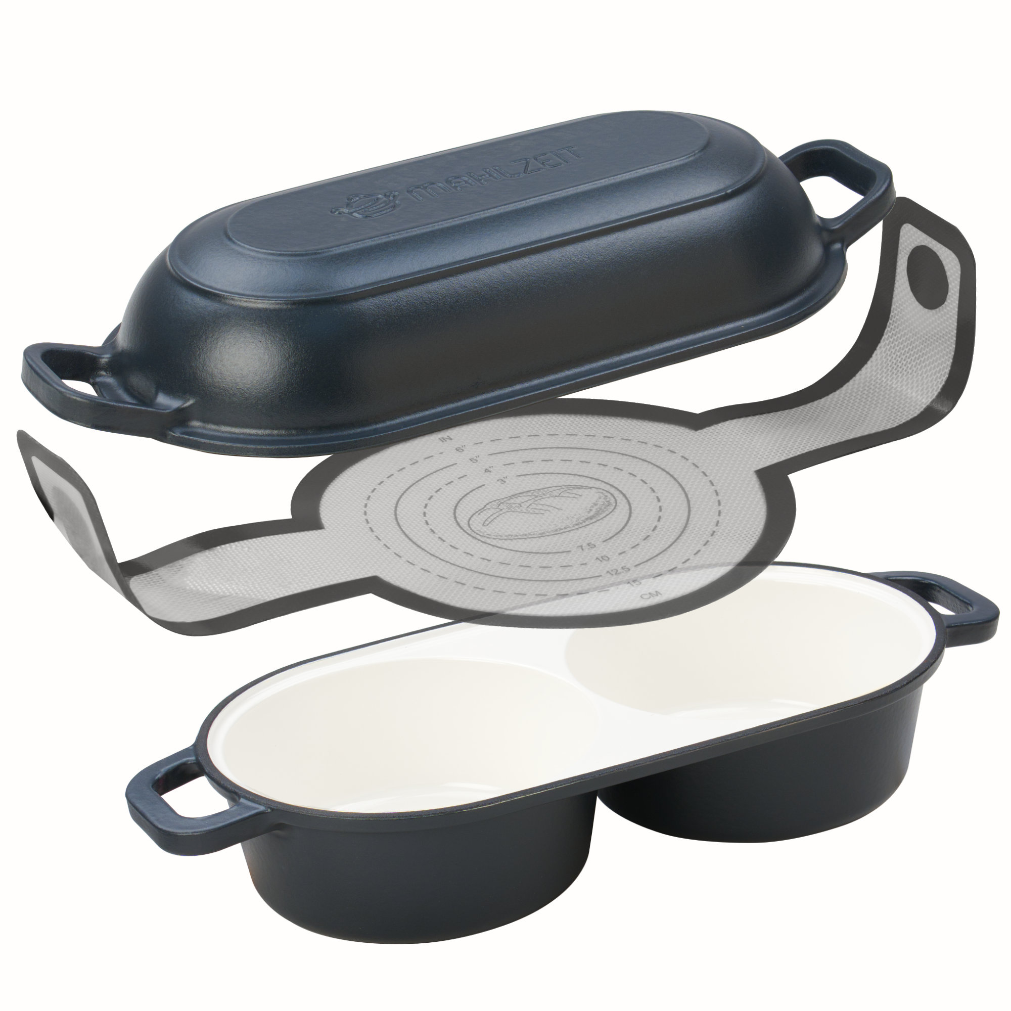 Mahlzeit Gusseisen Brotbacktopf Set Emailliert, 5 Liter, 2 Backkammern, Mit Brotschlinge, Blue Berry