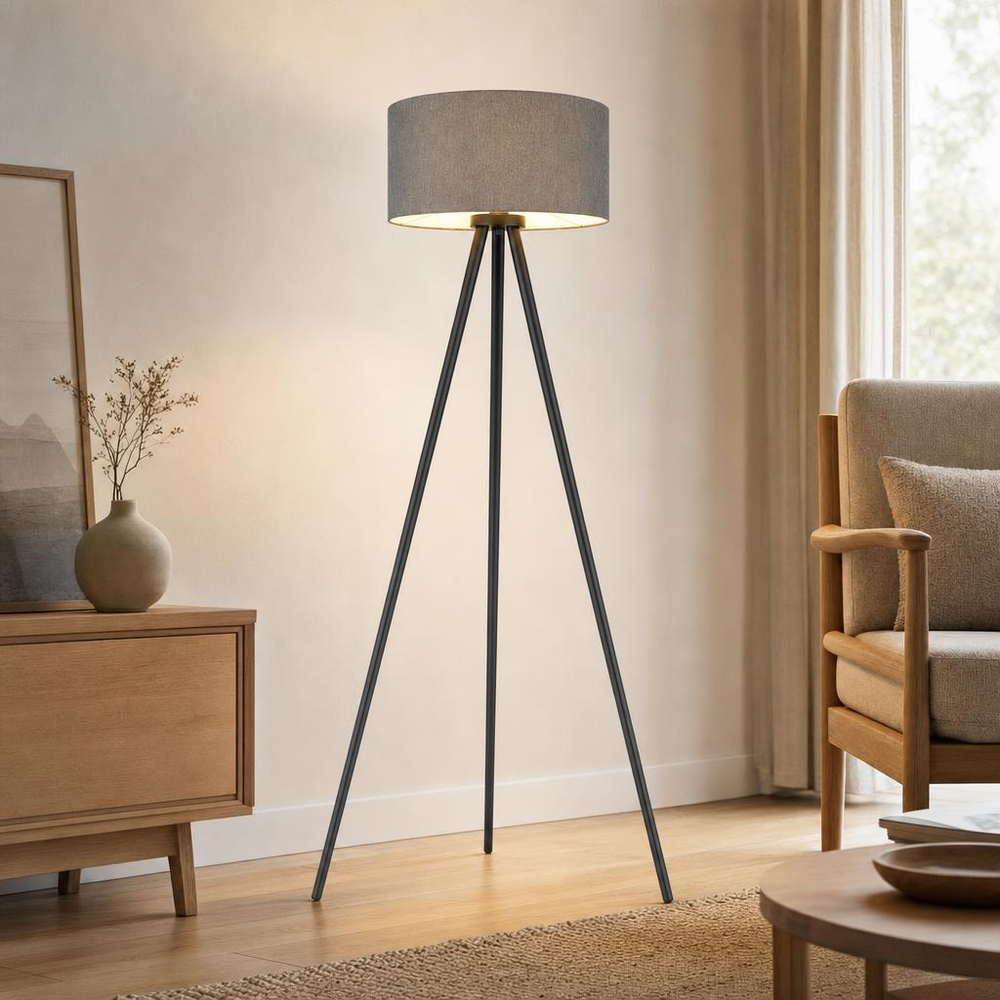 Stehlampe Stehleuchte Wohnzimmerlampe Fußschalter Schwarz Holz Textil H 148 Cm