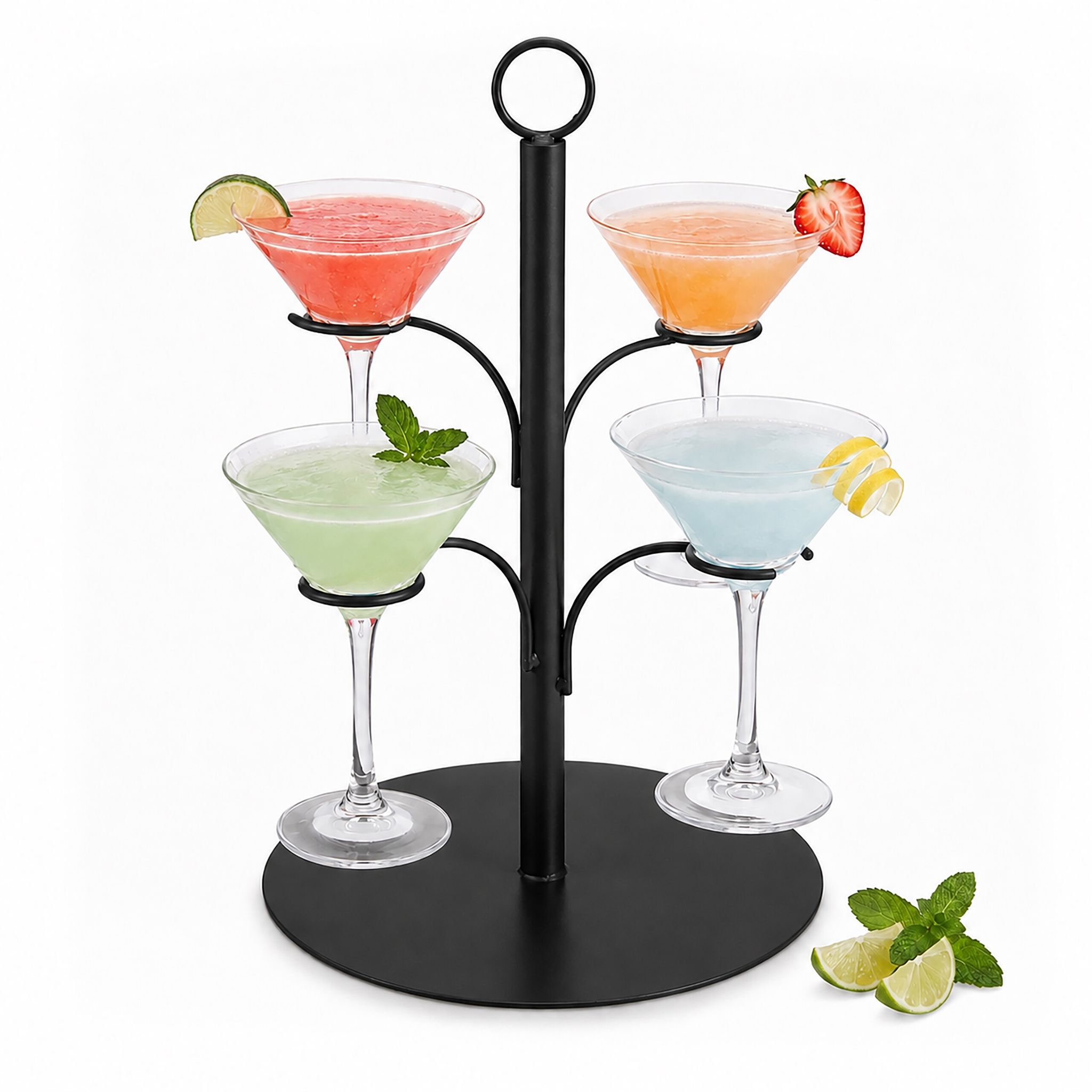 Relaxdays Getränke Tower, 4 Gläser, Stahl, Präsentation Von Cocktail-, Spritz-, Weingläsern, Getränkehalter, Schwarz