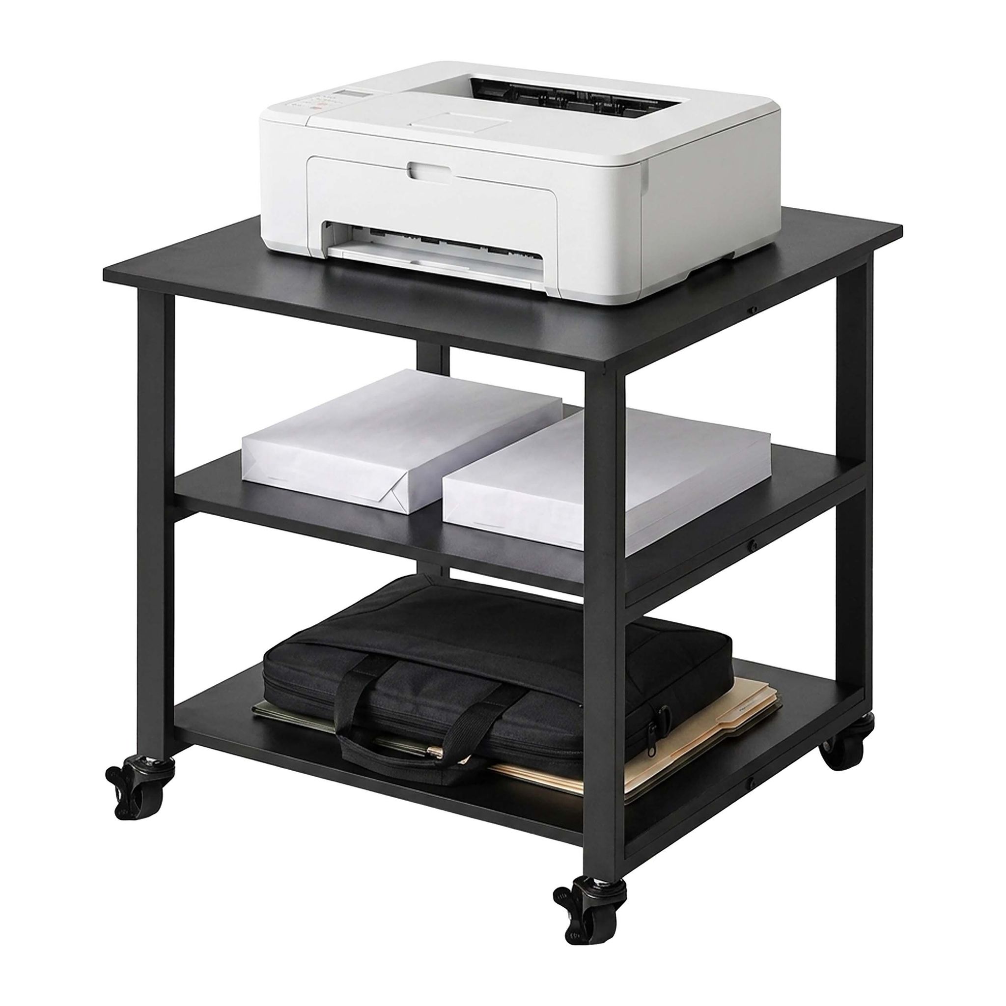 Relaxdays Druckertisch Mit Rollen, 3 Ebenen, Hxbxt: 53 X 50 X 50 Cm, Rolltisch Für Drucker, Büro, Druckerhalter, Schwarz