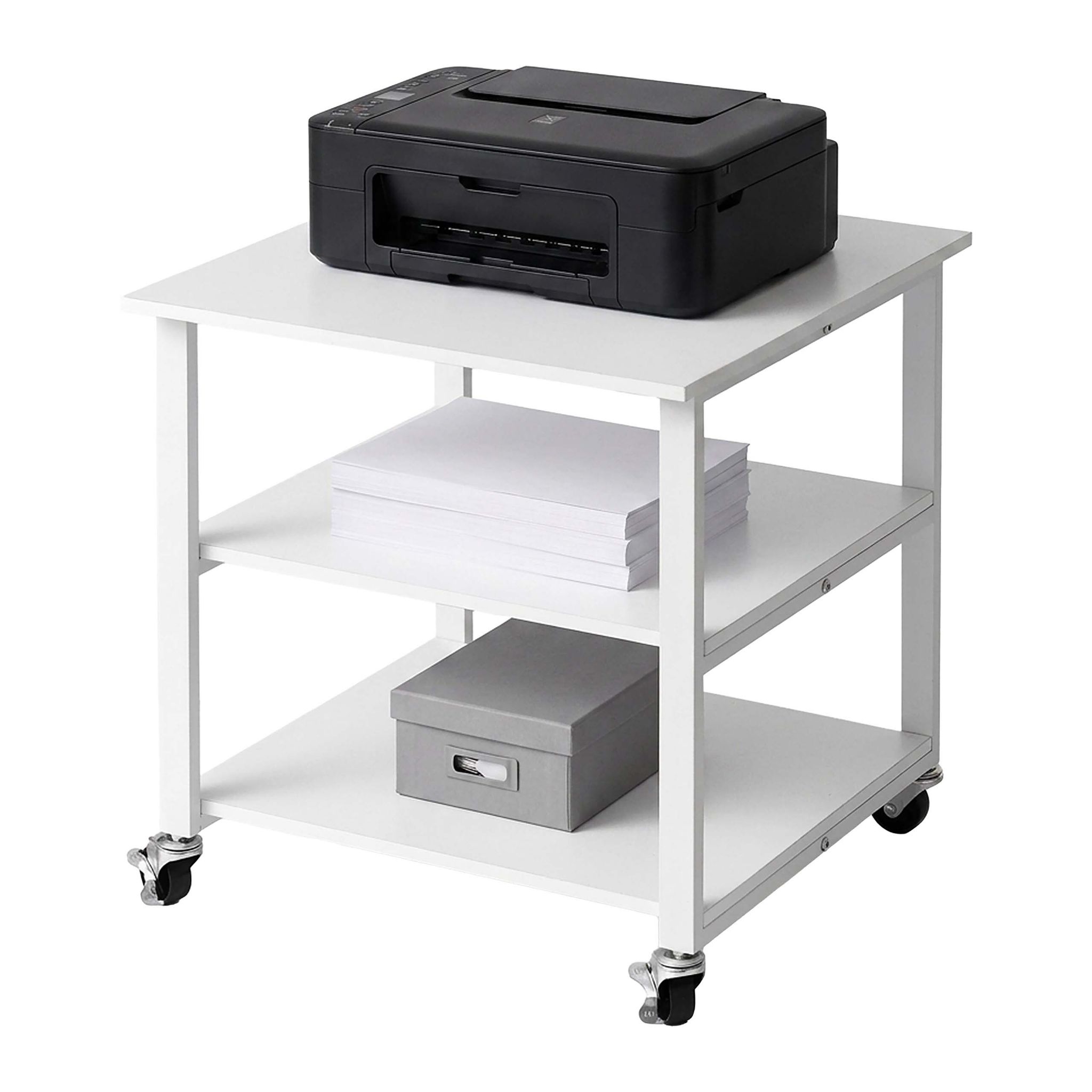 Relaxdays Druckertisch Mit Rollen, 3 Ebenen, Hxbxt: 53 X 50 X 50 Cm, Rolltisch Für Drucker, Büro, Druckerhalter, Weiß