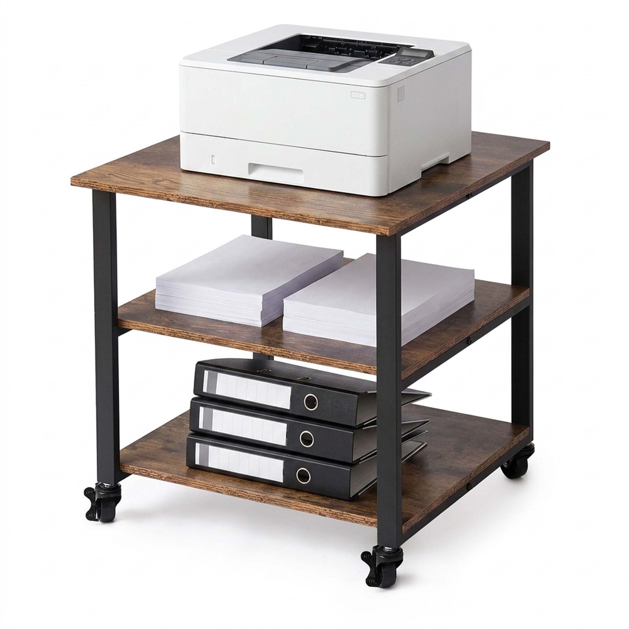 Relaxdays Druckertisch Mit Rollen, 3 Ebenen, Hxbxt: 53 X 50 X 50 Cm, Rolltisch Für Drucker, Druckerhalter, Braun/schwarz