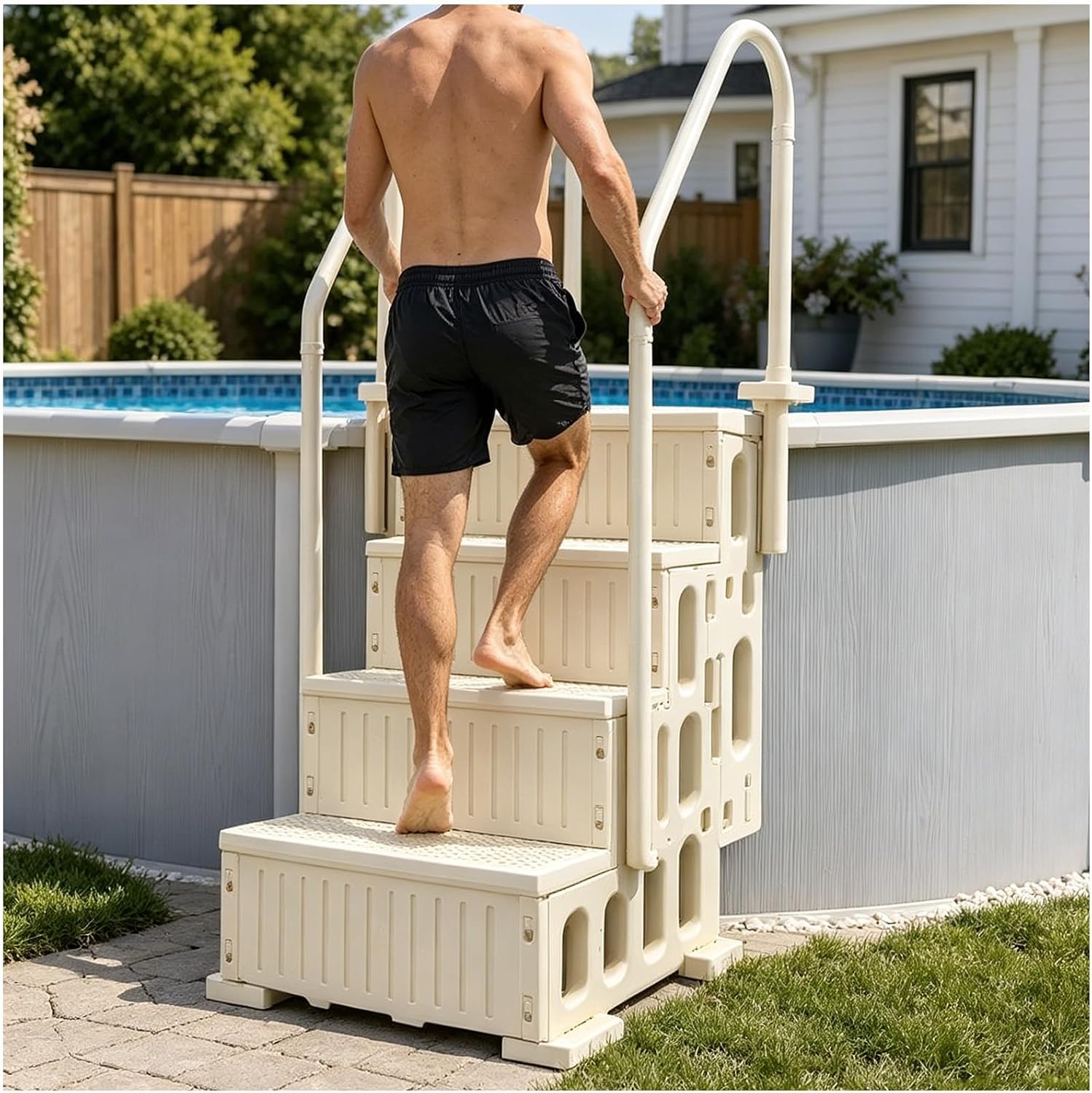 Échelle De Piscine Pe Avec 4 Marches Pour Piscines Intérieur Et Extérieur, Les Hôtels, Les Spas, Charge 180 Kg, Avec Double Rampe, Marches Larges Antidérapantes, Blanc Crème