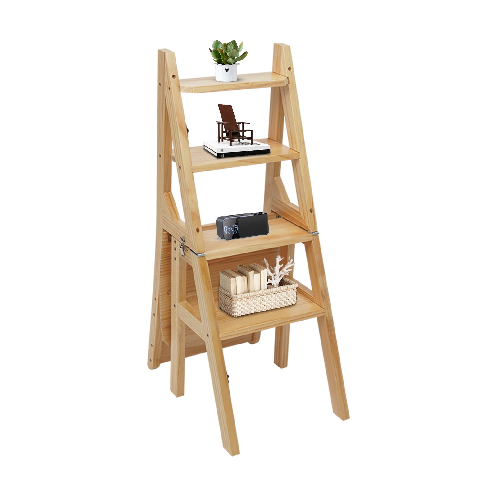 Klapphocker, Klappstuhl Aus Holz, Vierstufiger Klapphocker, Multifunktionaler Blumenständer Und Klapphocker Für Küche, Büro Und Wohnzimmer, Holzoptik, 100 Kg