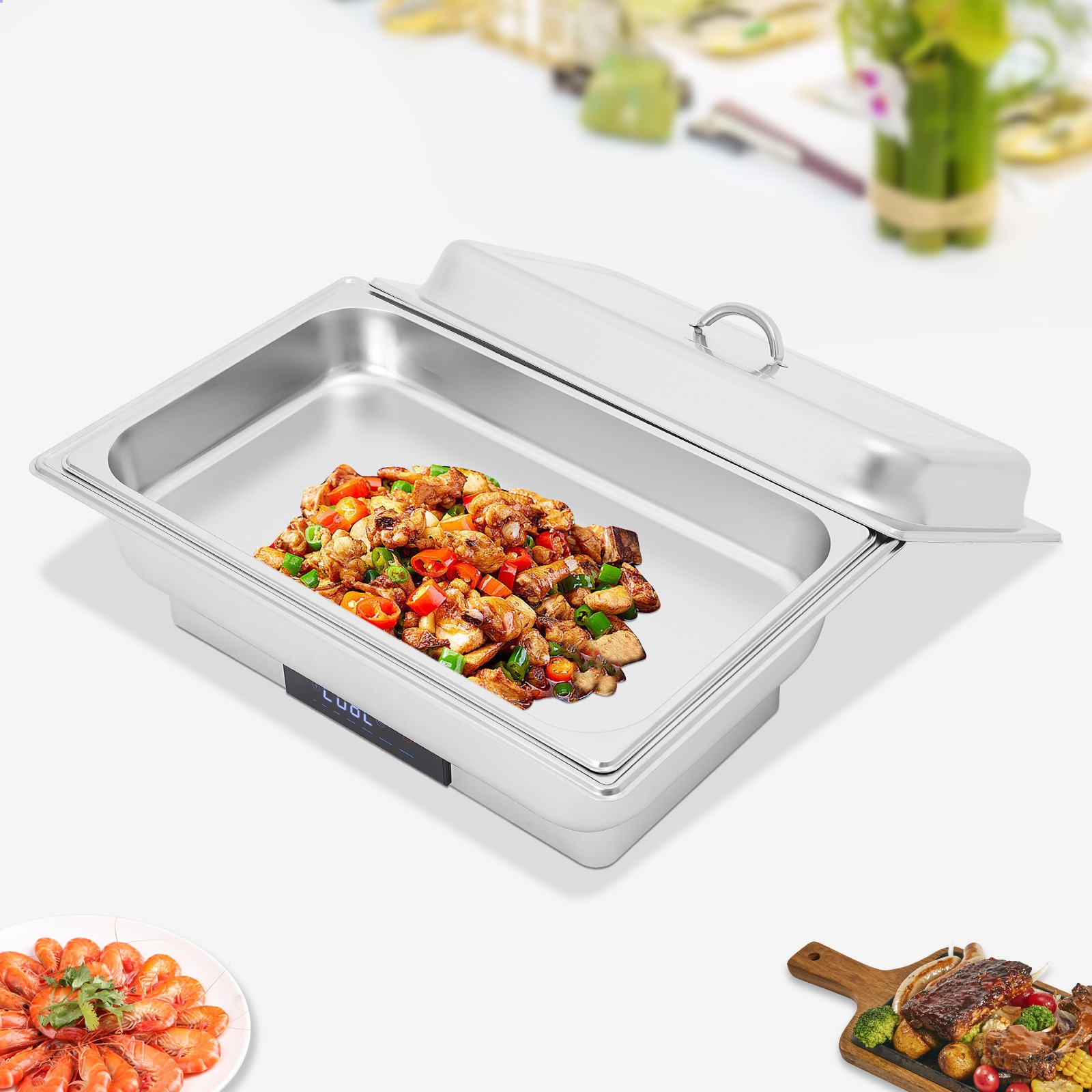 Set Aus Elektrisch Beheizbaren Serviertabletts Für Buffets, 9-liter-tablett Aus Edelstahl Mit Temperaturanzeige, Ideal Für Hochzeiten Und Feiern