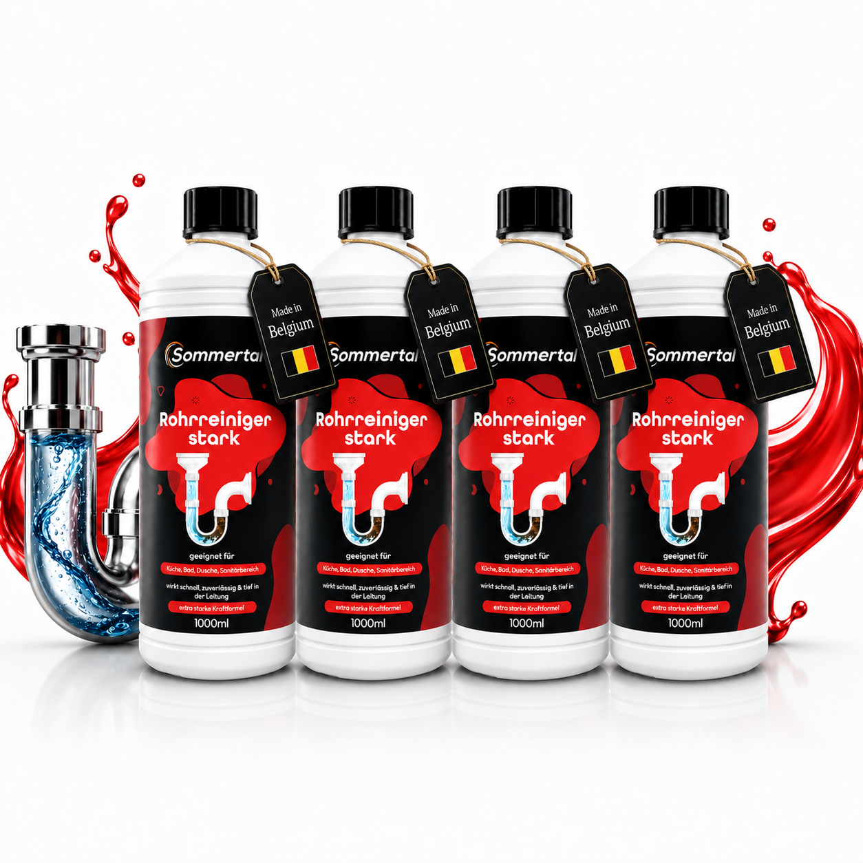 Sommertal Rohrreiniger Stark 4 Liter, Abflussreiniger Extra Stark Ph 14 Rohrfrei Gegen Verstopfungen & Gerüche, Für Küche Bad Dusche, Pvc & Gummi
