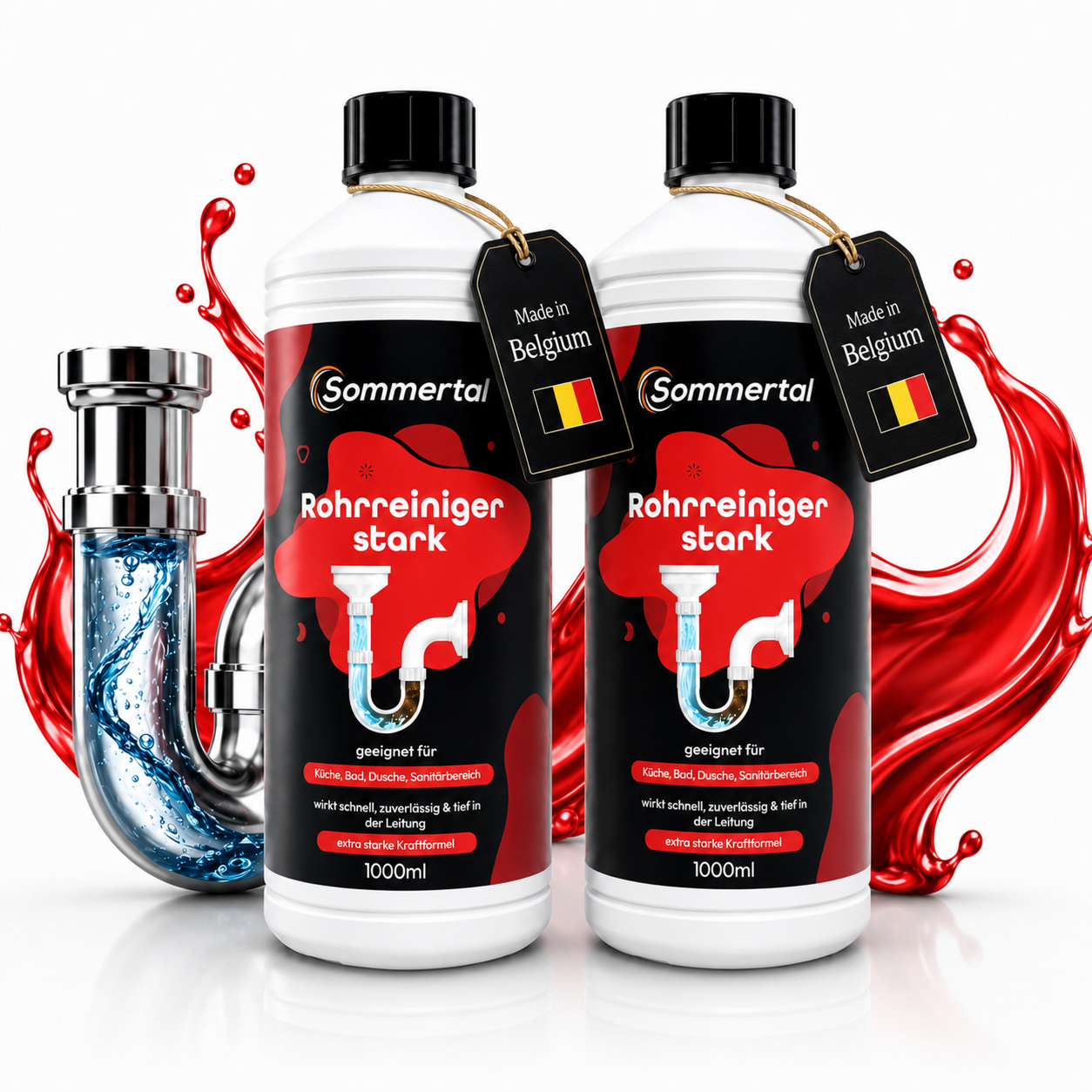 Sommertal Rohrreiniger Stark 2 Liter, Abflussreiniger Extra Stark Ph 14 Rohrfrei Gegen Verstopfungen & Gerüche, Für Küche Bad Dusche, Pvc & Gummi