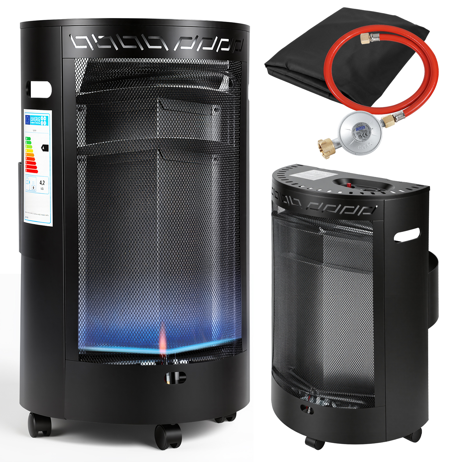 Tolletour Blue Flame Gasheizer 4200w Halbrund, 2 Heizstufen, Ods, Piezozündung, 4 Rollen