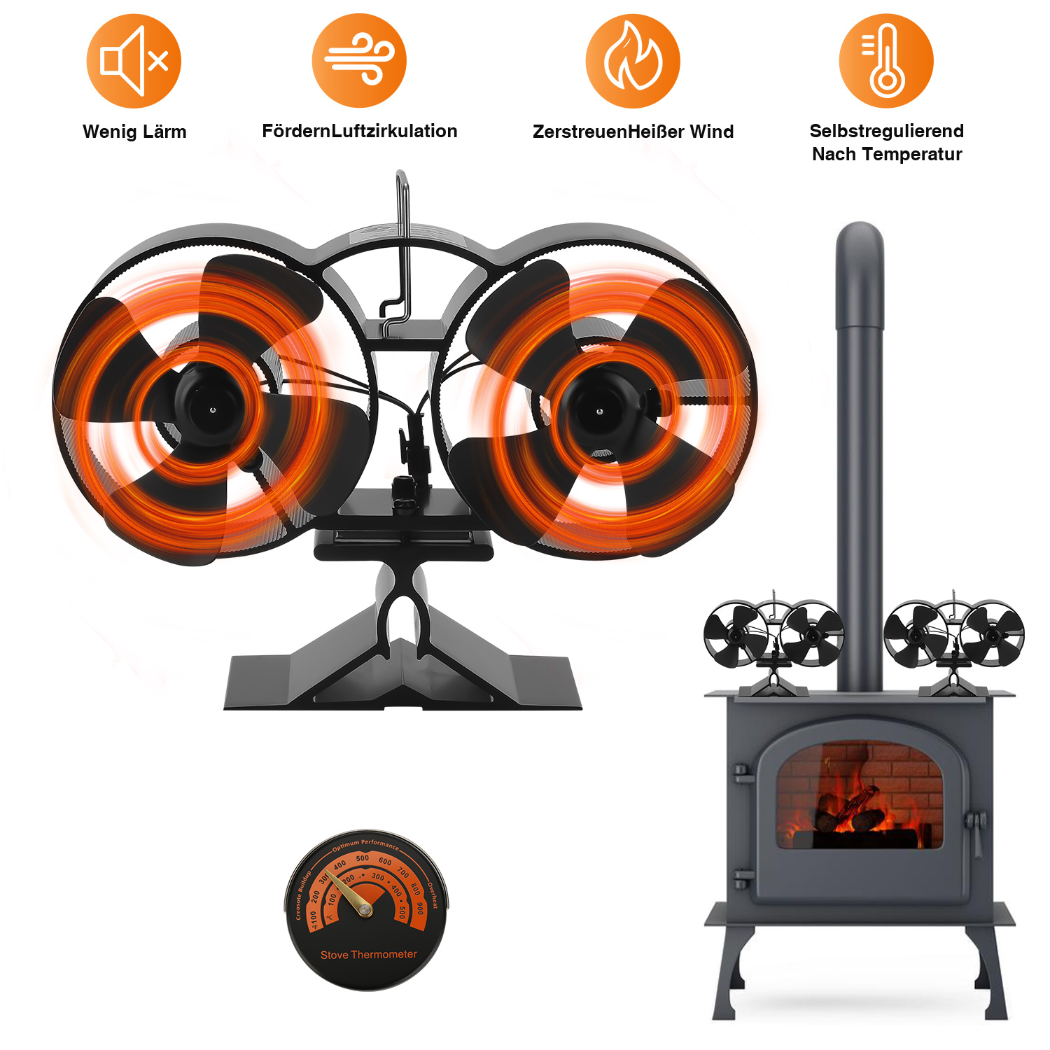 Tolletour Kaminofen Ofenventilator Holzofen Stromloser Kaminrohr Ventilator Flügel Lüfter