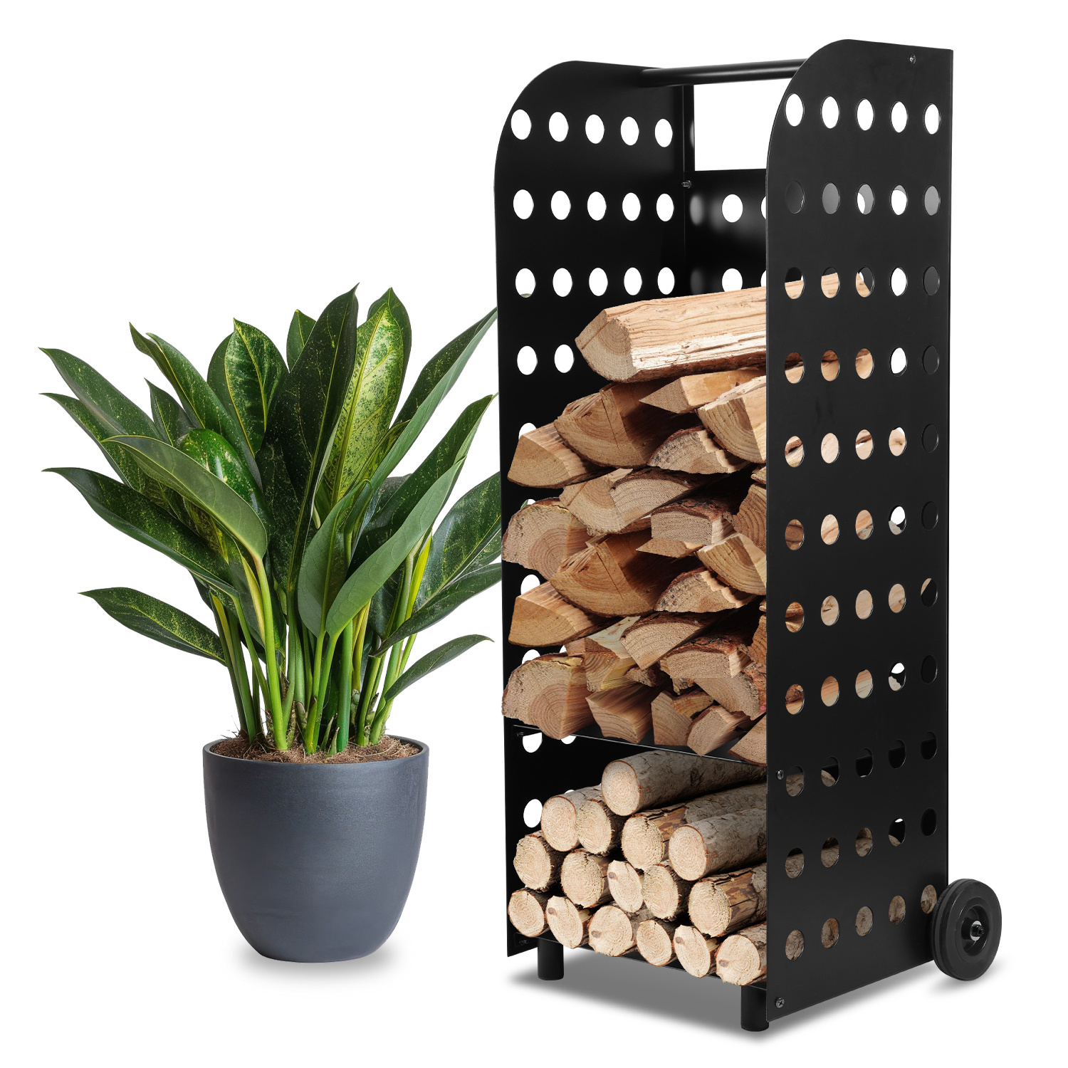 Tolletour Brennholzwagen Xl 35 X 42 X 112 Cm Aus Perforiertem Metallblech, 60 Kg Tragkraft, 2 Vollgummiräder, Geschlossener Boden, Zusatzablage