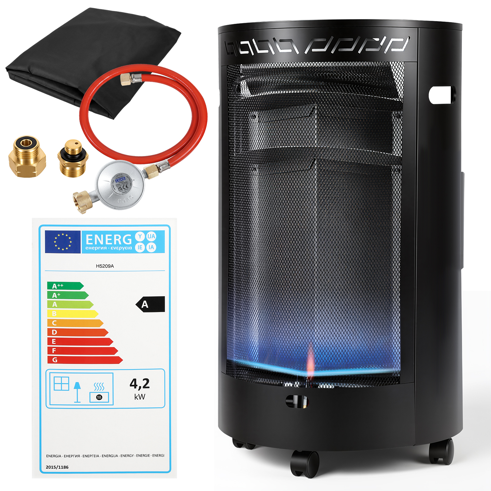 Tolletour Blue Flame Gasheizer 4200w Halbrund, 2 Heizstufen, Ods, Piezozündung, 4 Rollen, Inkl. 2 Eu-adaptern