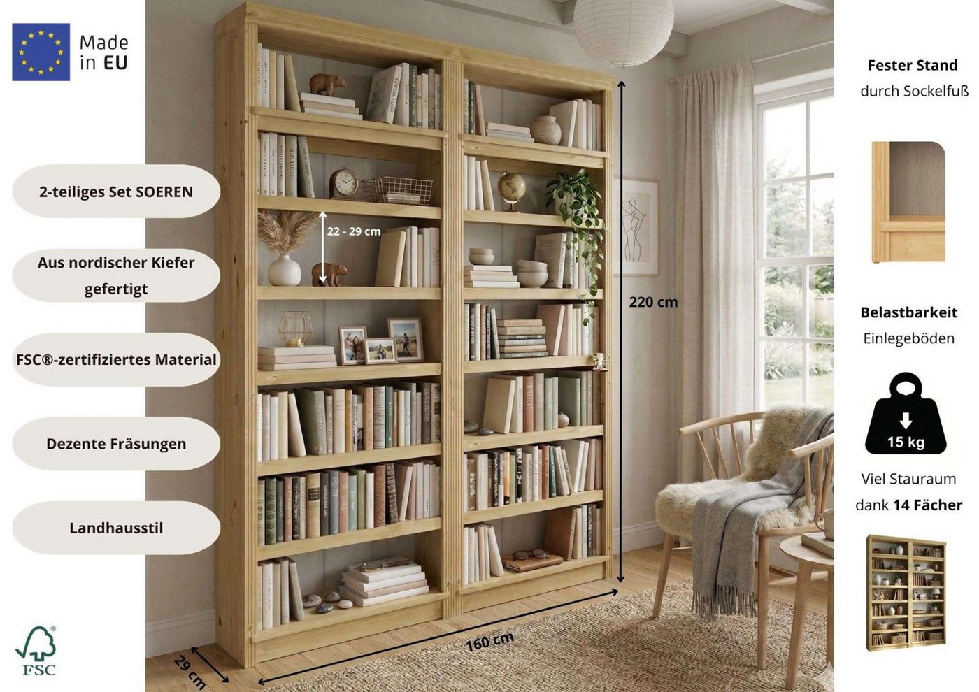 OTTO home Bibliothek Soeren 2 Regale á Breite 80 cm, Höhe 220 cm, Tiefe 29 cm, Set 2-tlg., 2 Bücherregale - zusammen oder getrennt stellbar Bild 2