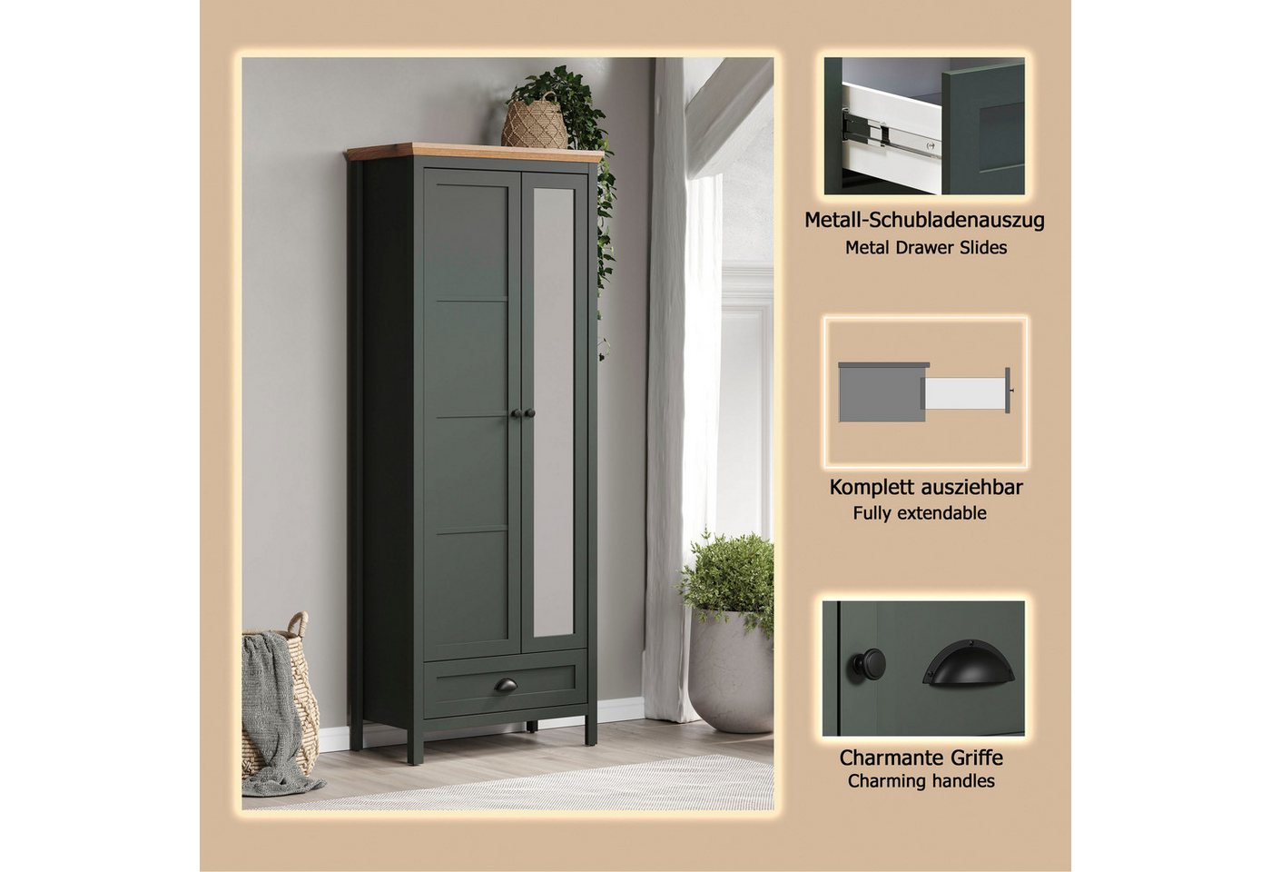 Home affaire Garderobenschrank Vienna (1-St) Garderobenschrank, 2 Türen, 1 Schubkasten & Vollauszug 77/39/198 cm