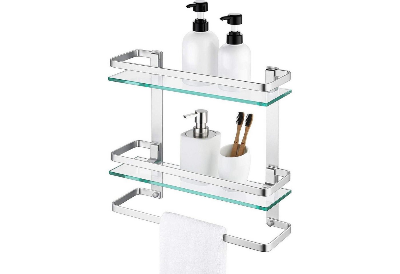 LuxusKollektion Duschablage Duschablage Glas Handtuchhalter 2 Regale Aluminium Sandgestrahlt