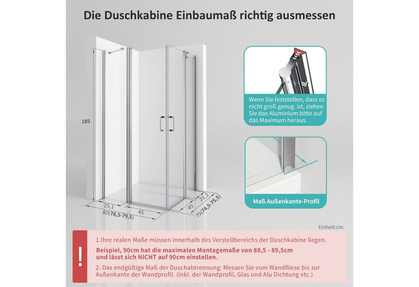 Boromal Eckdusche Duschkabine 75x80 Schwingtür 6mm ESG mit Hebe- und Senk Mechanismus, BxT: 75x80 cm, Einscheibensicherheitsglas, Wasserabweisende Nanobeschichtung Bild 5