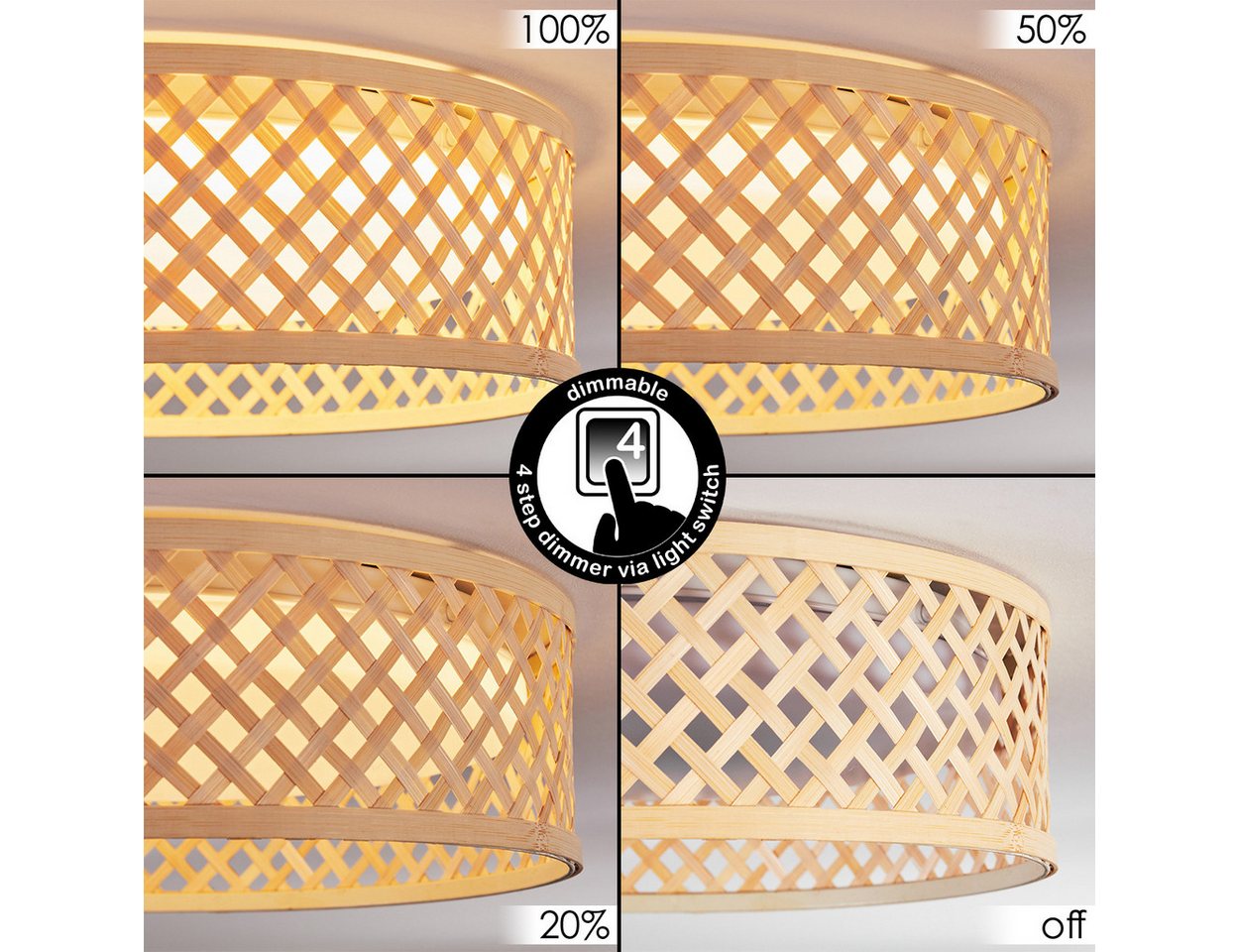 hofstein Deckenleuchte Deckenlampe aus Metall/Bambus/Kunststoff in Weiß/Natur im Boho-Design, ohne Leuchtmittel, moderne Deckenleuchte, dimmbar über Wandschalter, 16 Watt, 2000 Lumen