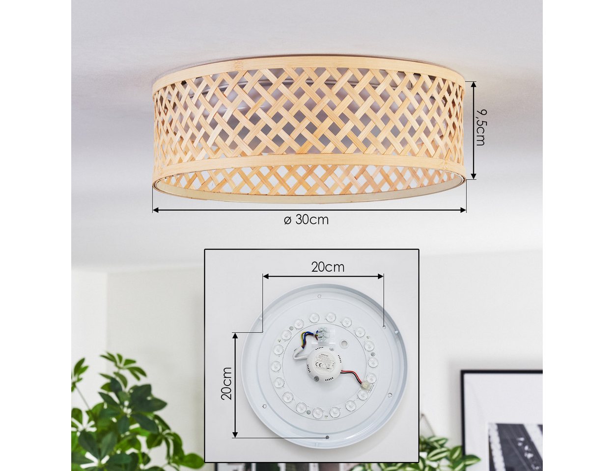 hofstein Deckenleuchte Deckenlampe aus Metall/Bambus/Kunststoff in Weiß/Natur im Boho-Design, ohne Leuchtmittel, moderne Deckenleuchte, dimmbar über Wandschalter, 16 Watt, 2000 Lumen Bild 3