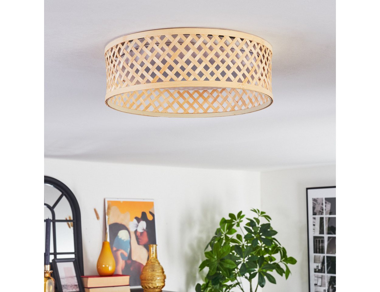 hofstein Deckenleuchte Deckenlampe aus Metall/Bambus/Kunststoff in Weiß/Natur im Boho-Design, ohne Leuchtmittel, moderne Deckenleuchte, dimmbar über Wandschalter, 16 Watt, 2000 Lumen Bild 4