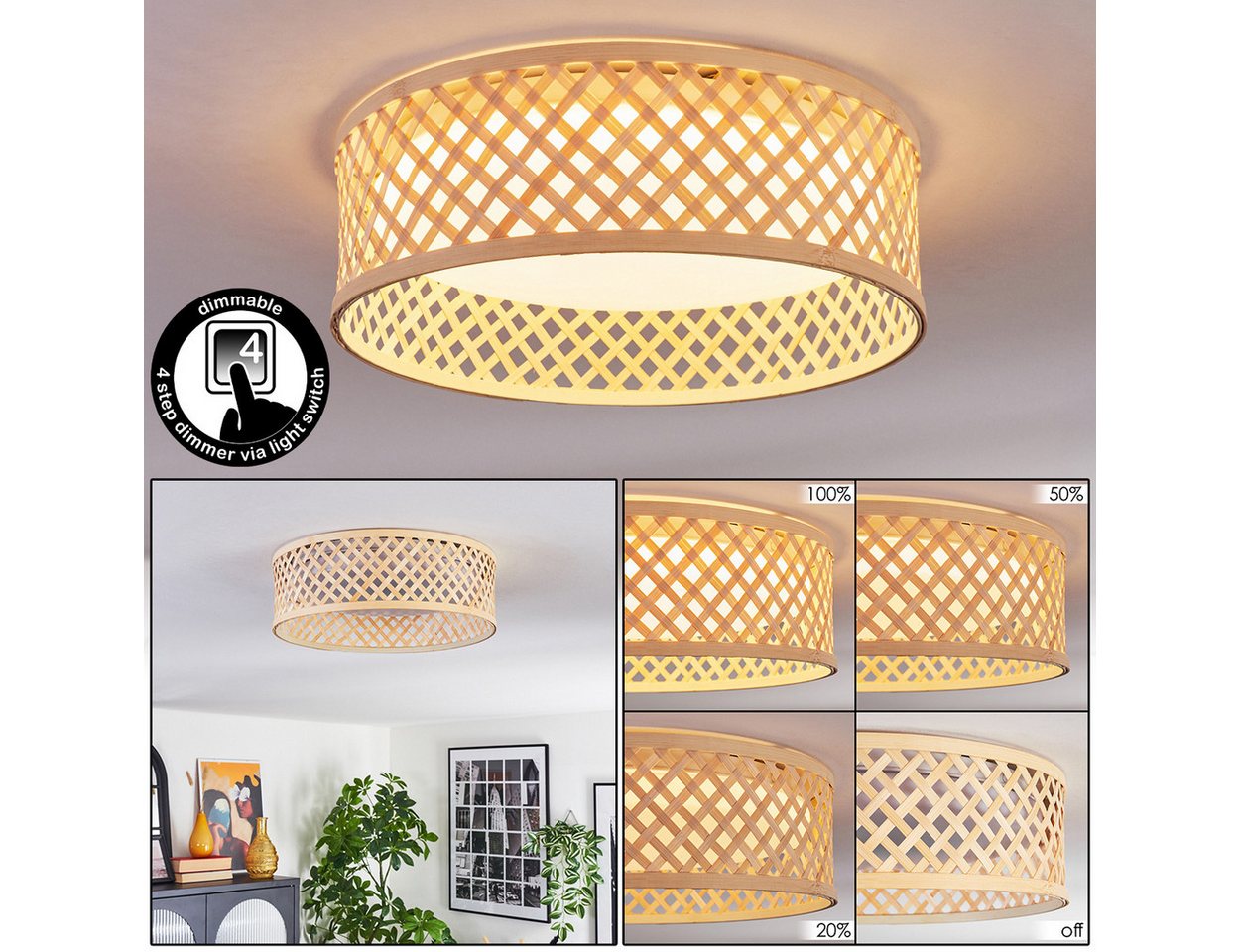hofstein Deckenleuchte Deckenlampe aus Metall/Bambus/Kunststoff in Weiß/Natur im Boho-Design, ohne Leuchtmittel, moderne Deckenleuchte, dimmbar über Wandschalter, 16 Watt, 2000 Lumen Bild 5